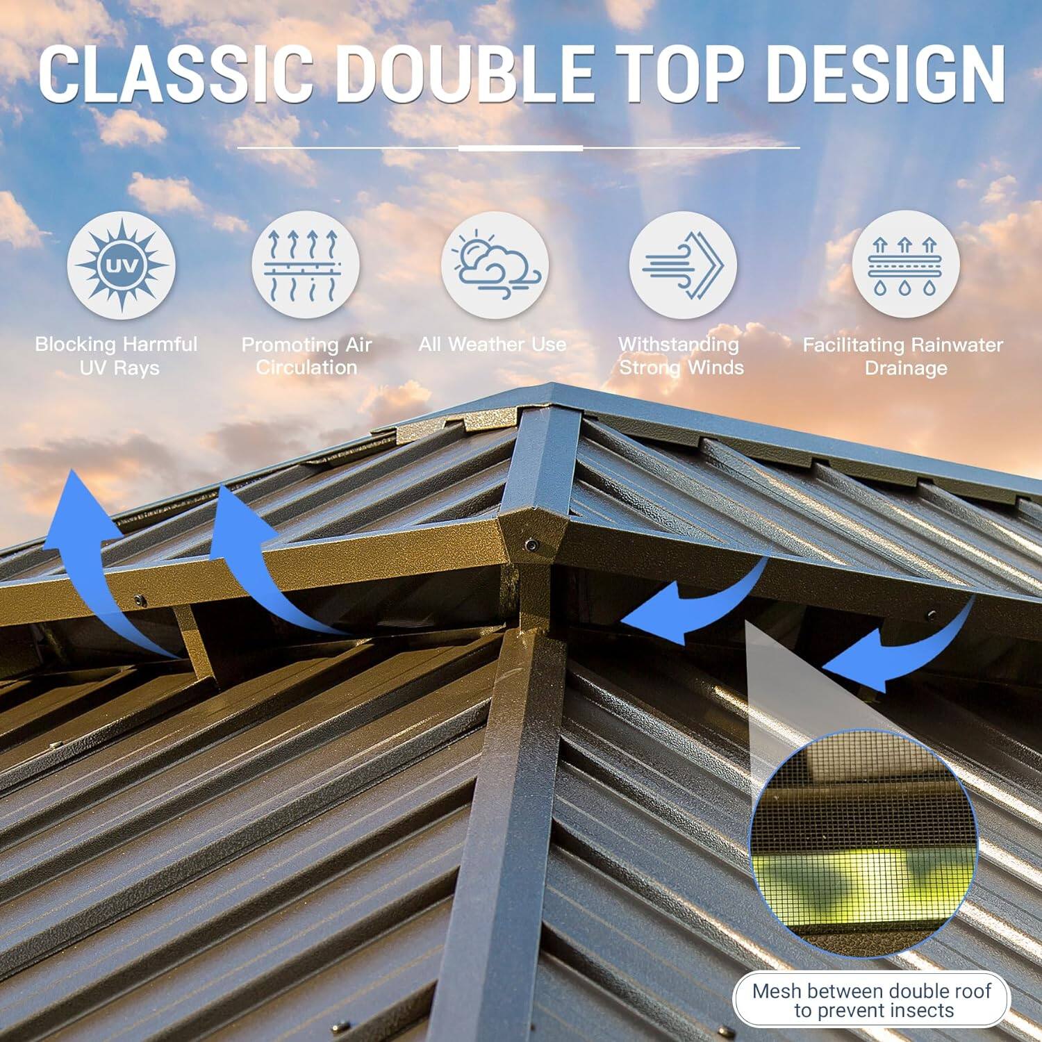 CLASSIC DOUBLE TOP DESIGN

- Blocking Harmful UV Rays
- Promoting Air Circulation
- All Weather Use
- Withstanding Strong Winds
- Facilitating Rainwater Drainage

Mesh between double roof to prevent insects