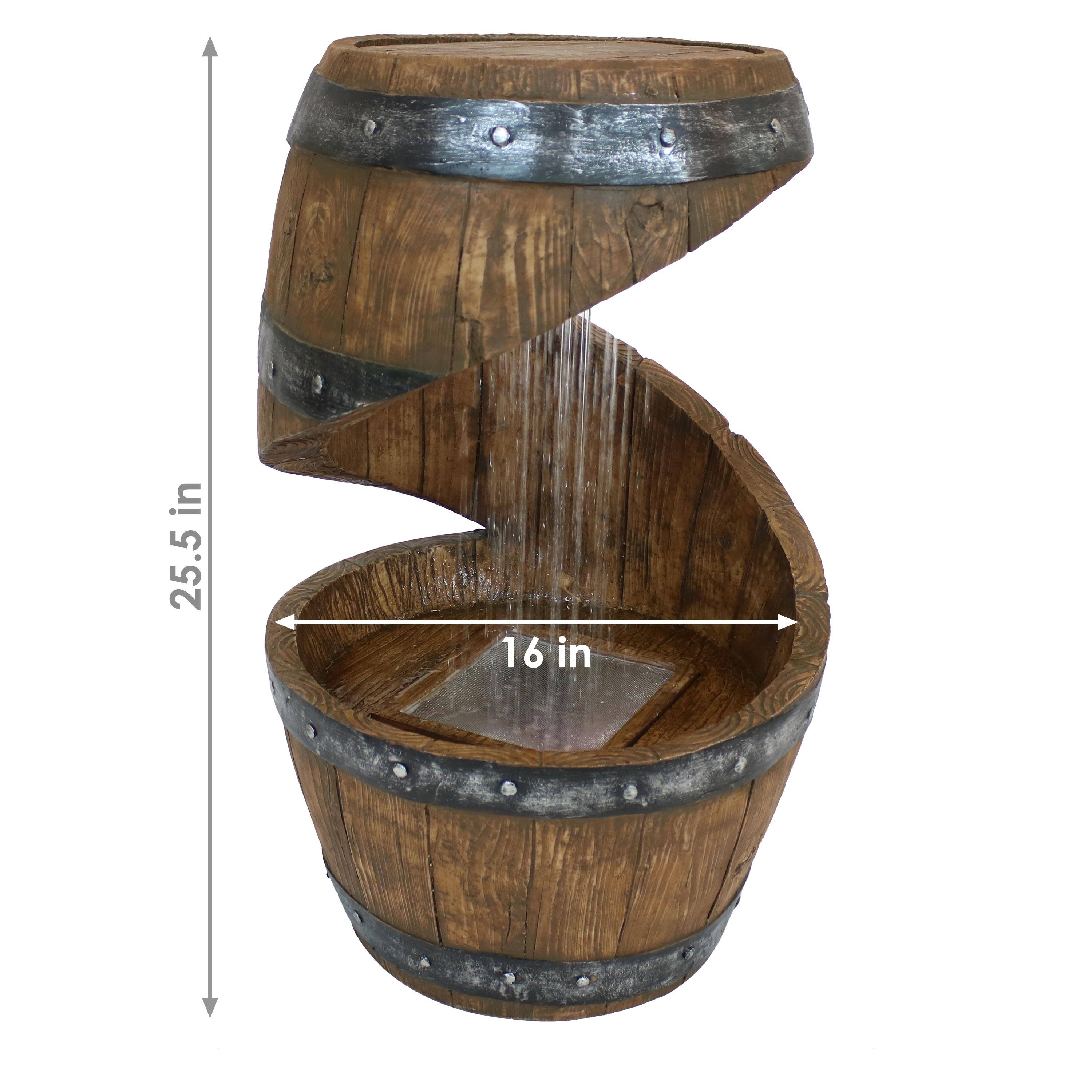 Alt View 2. Sunnydaze - Spiraling Barrel Outdoor Water Fountain with LED Lights - 25 in - Brown.