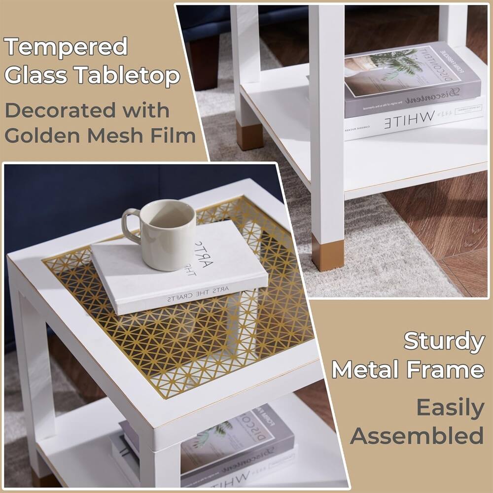 Tempered Glass Tabletop Decorated with Golden Mesh Film

Sturdy Metal Frame Easily Assembled