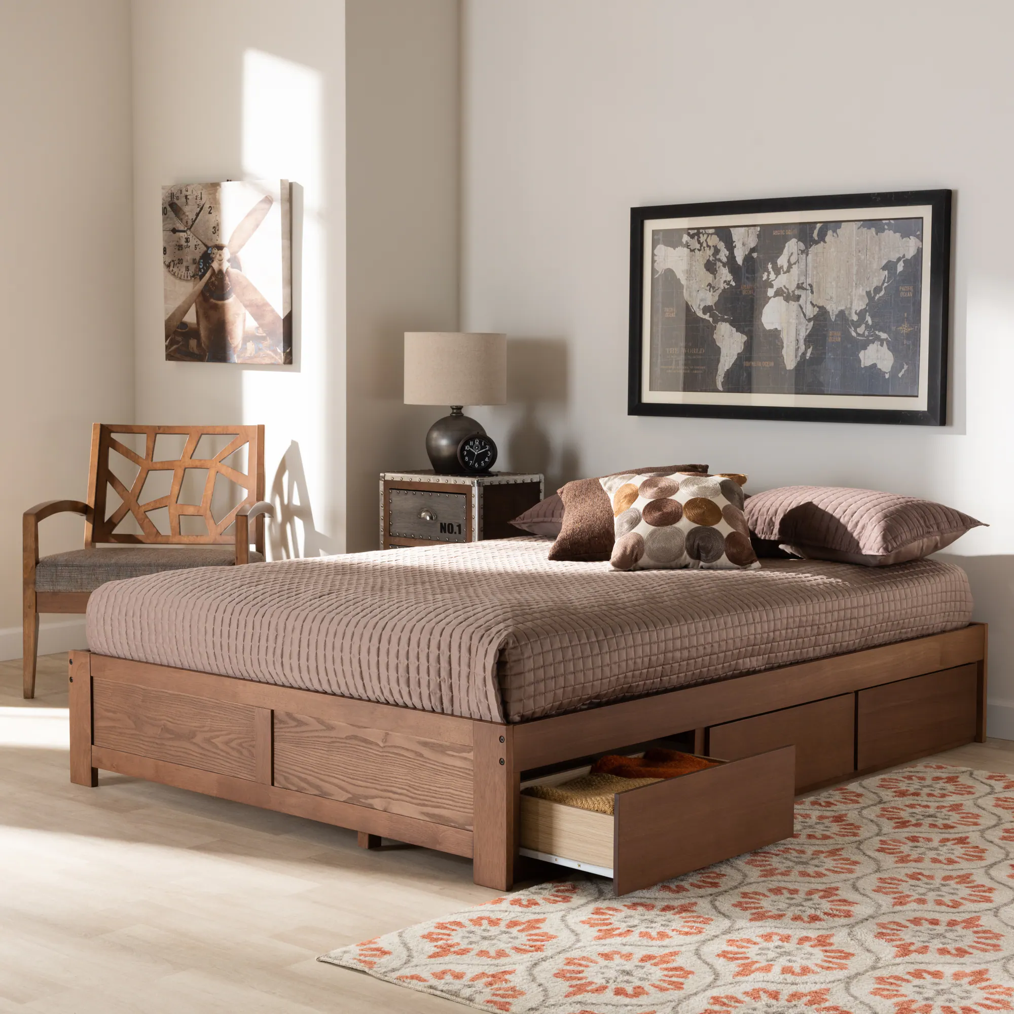 Alt View 5. Baxton Studio - Wren Modern and Contemporary Walnut Finished 3-Drawer Queen Size Platform Storage Bed Frame - Walnut.