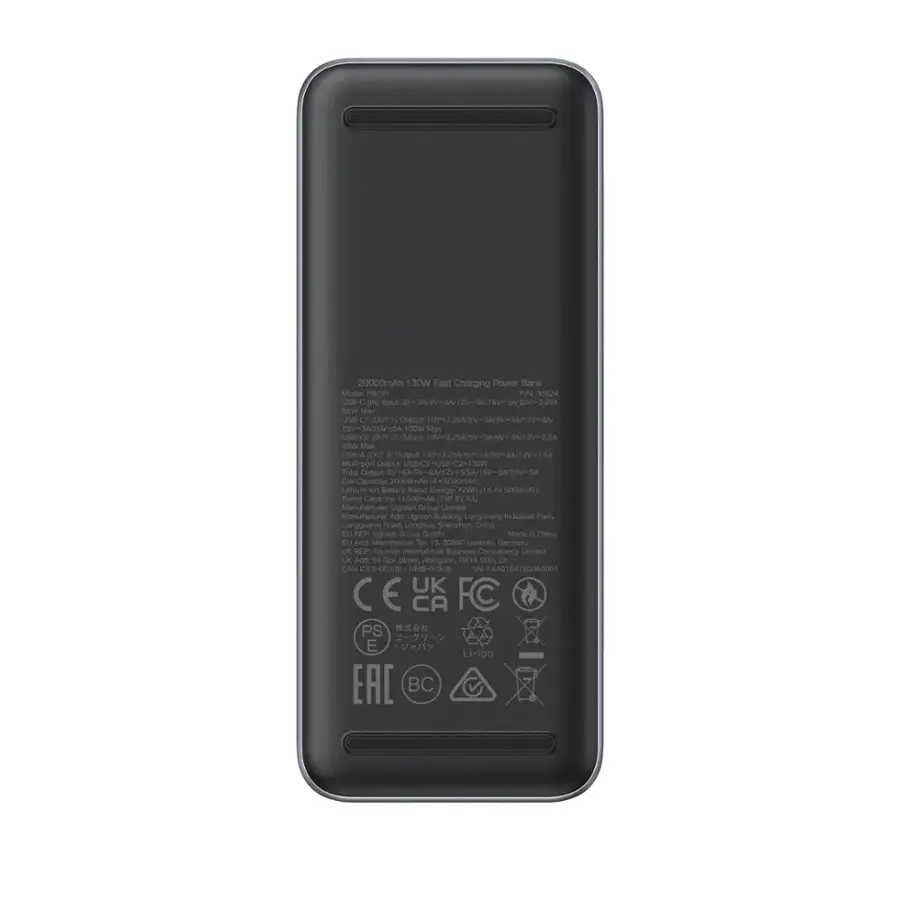 The image features a black battery pack with a USB-C port. The pack is designed to charge a variety of devices, including smartphones and tablets. The pack has a capacity of 20,000mAh and supports fast charging, making it a convenient and efficient charging solution. The pack is made by Ugreen Group Limited, a company based in China, and is manufactured in the Ugreen Building in Longcheng Industrial Park. The pack is also compliant with various safety standards, such as CE, UKCA, and RoHS.