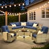 Ovios - 9 PCS Patio Furniture Set, Wicker Sectional Sofa with Swivel Chair, Side Table & Solar Table - Navy Blue