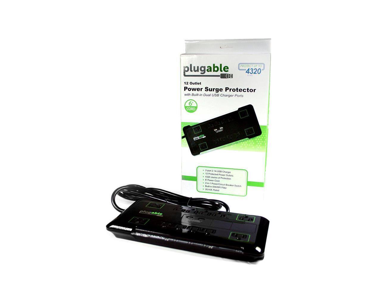 PROTECT UP TO plugable 4320 (H) 12 Outlet Power Surge Protector with Built-in Dual USB Charger Ports 6' CORD. Plugable 2-port 2.1A USB Charger. Protected with 4320 Joules of Protection. Power Cord. 20A Circuit Breaker Switch. UL/ULC Listed.
