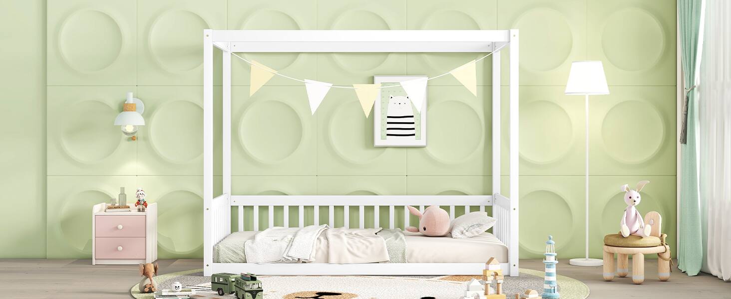 Alt View 8. Tiramisubest - Twin Size Canopy Frame Floor Bed with Fence, Guardrails,White - White.