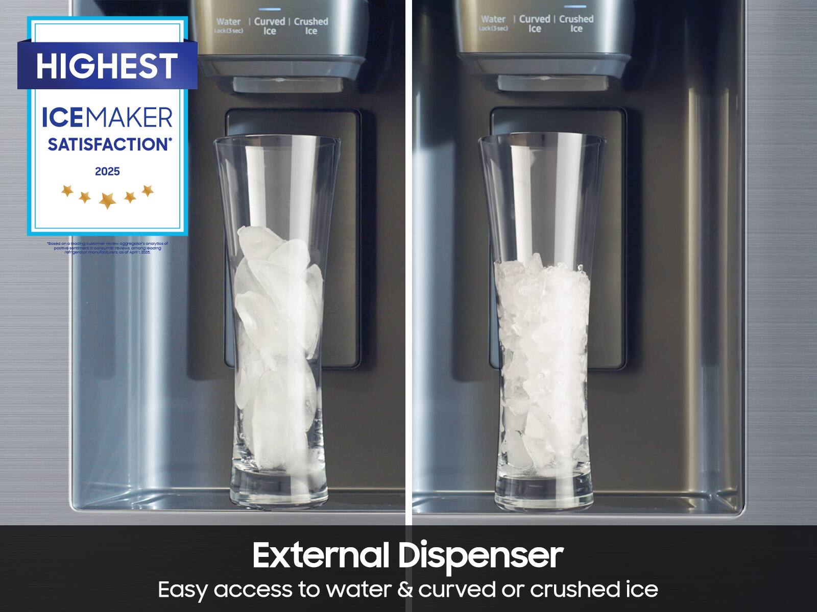 HIGHEST ICEMAKER SATISFACTION 2025

External Dispenser
Easy access to water & curved or crushed ice

Water | Curved | Crushed Ice
Lock(3 sec) Ice

Water | Curved | Crushed Ice
Lock(3 sec) Ice