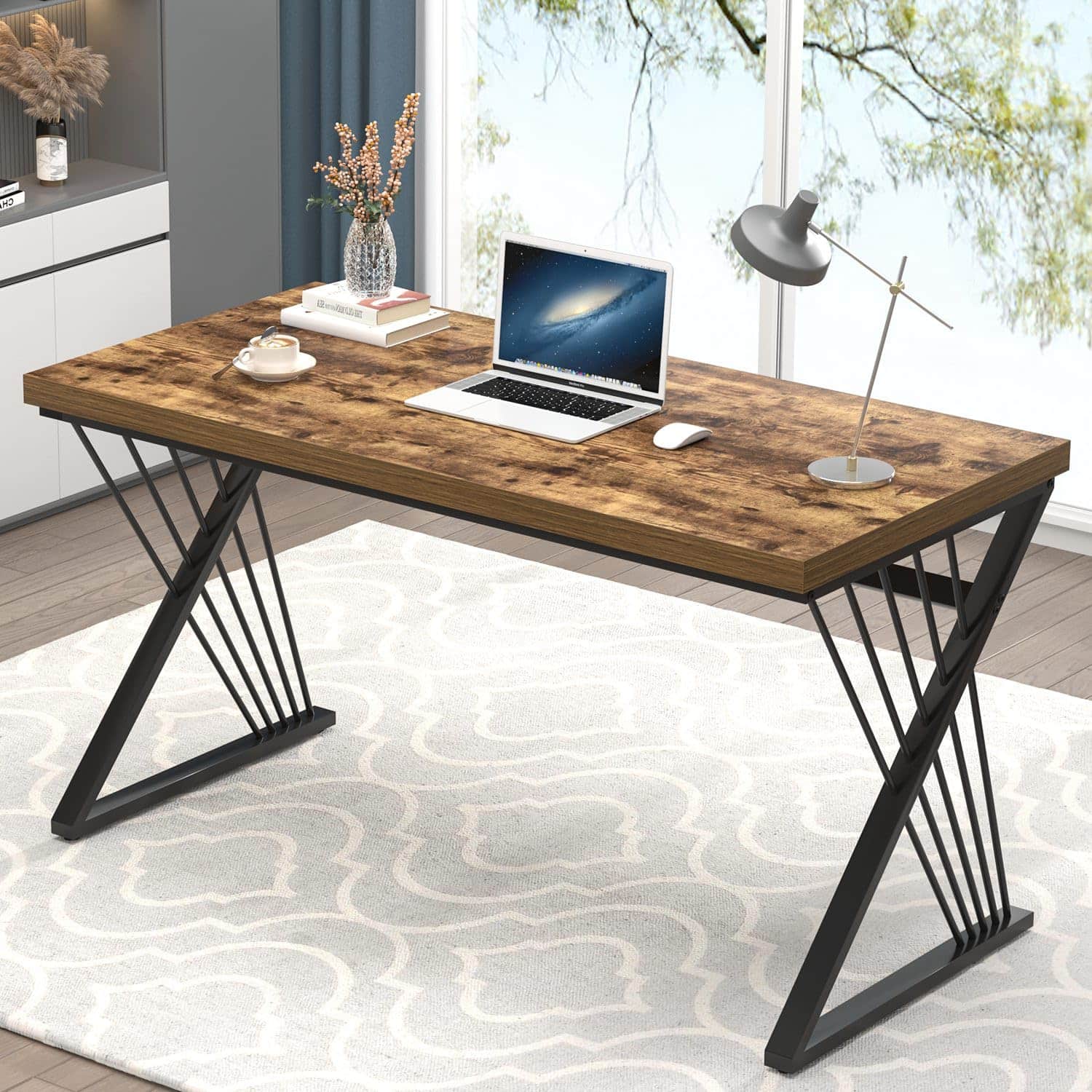 Zell Electronics - 53 Inch Rustic Office DeskWood & Metal Frame for Writing, Gaming or Study in Any Room - Brown