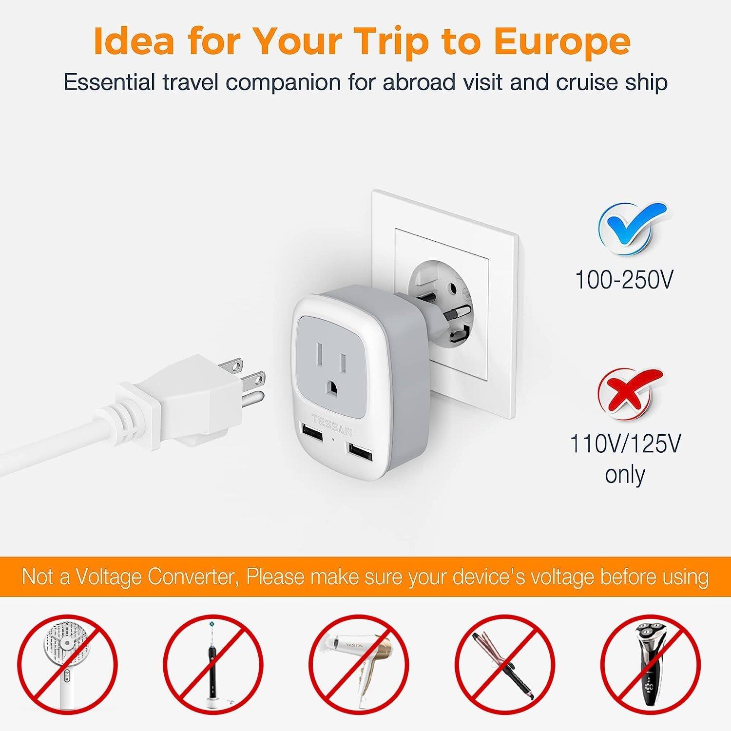 Idea for Your Trip to Europe  
Essential travel companion for abroad visit and cruise ship  

100-250V  
110V/125V only  

Not a Voltage Converter, Please make sure your device's voltage before using