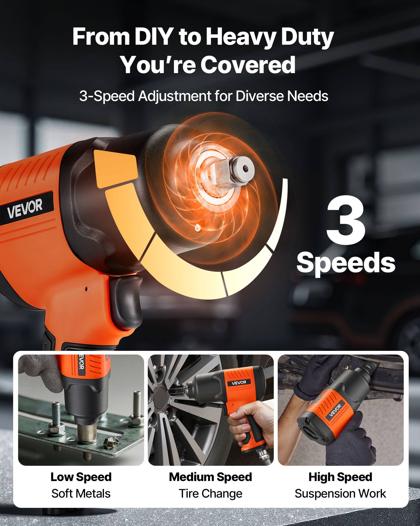 From DIY to Heavy Duty  
You're Covered  

3-Speed Adjustment for Diverse Needs  

3 Speeds  

Low Speed  
Soft Metals  

Medium Speed  
Tire Change  

High Speed  
Suspension Work