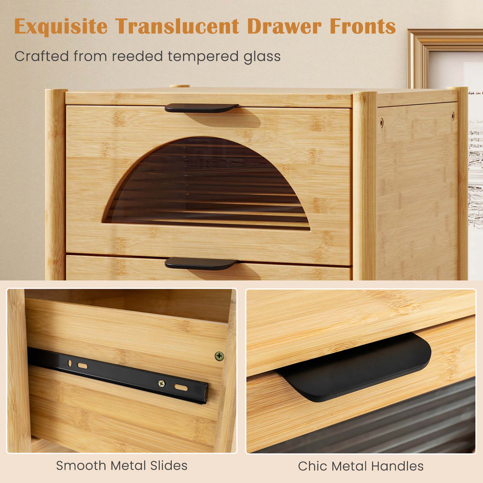 Exquisite Translucent Drawer Fronts Crafted from reeded tempered glass ut - P Smooth Metal Slides Chic Metal Handles