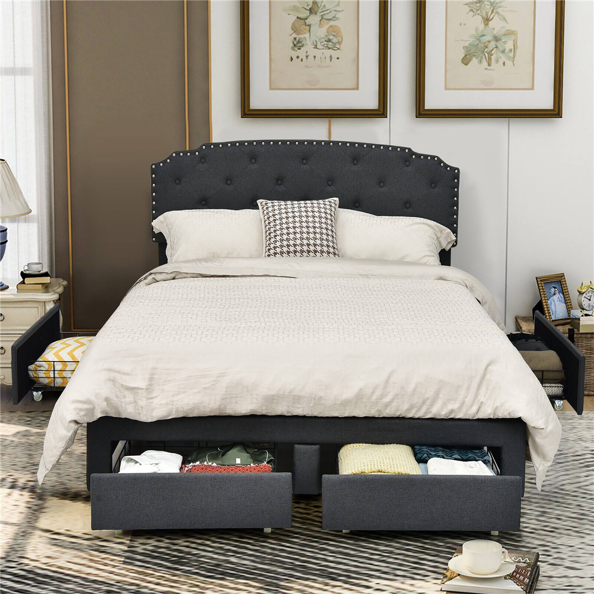 Alt View 7. Gymax - Gymax Full Platform Bed Frame with 4 Storage Drawers Adjustable Headboard Grey - Grey.
