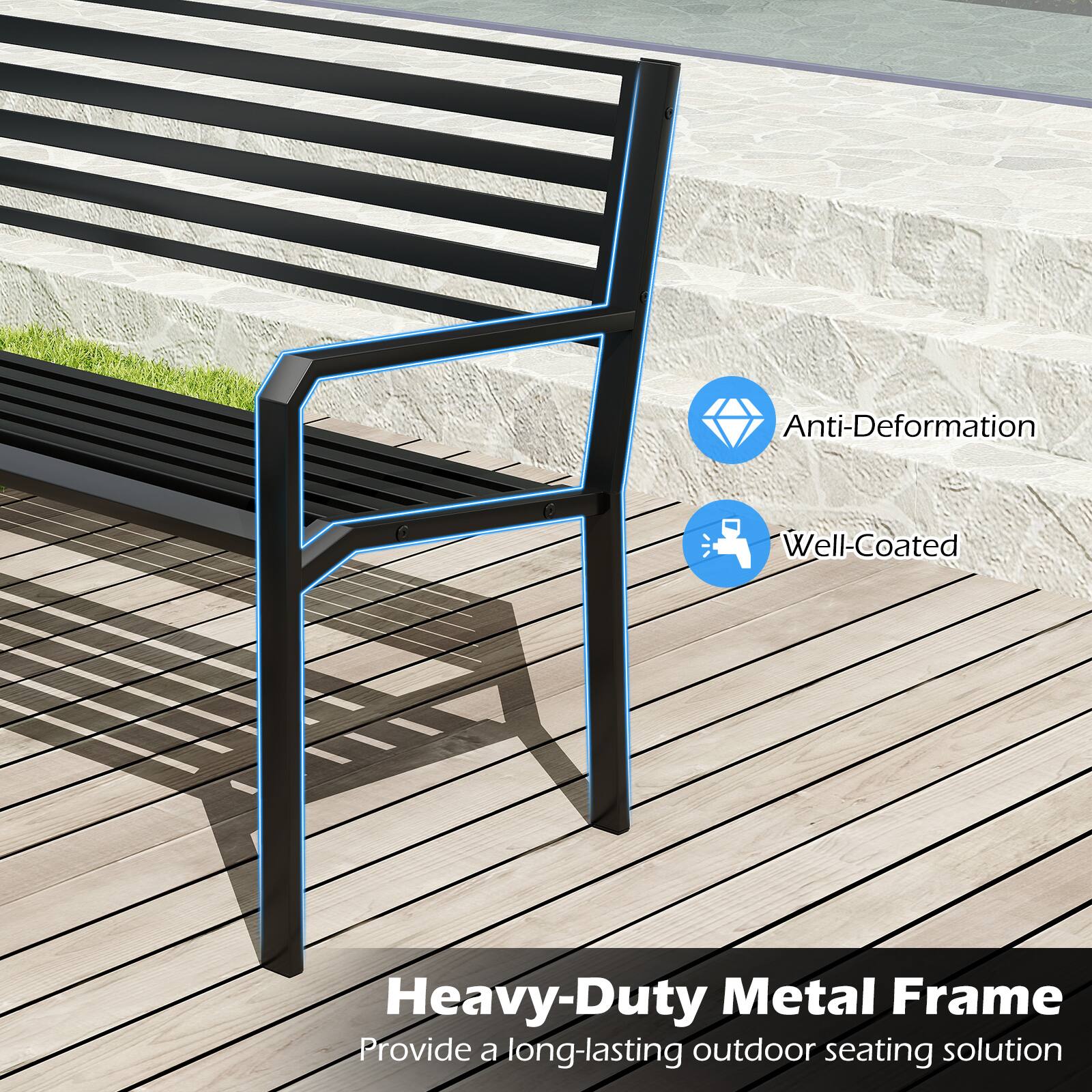 Heavy-Duty Metal Frame  
Provide a long-lasting outdoor seating solution  

Anti-Deformation  
Well-Coated