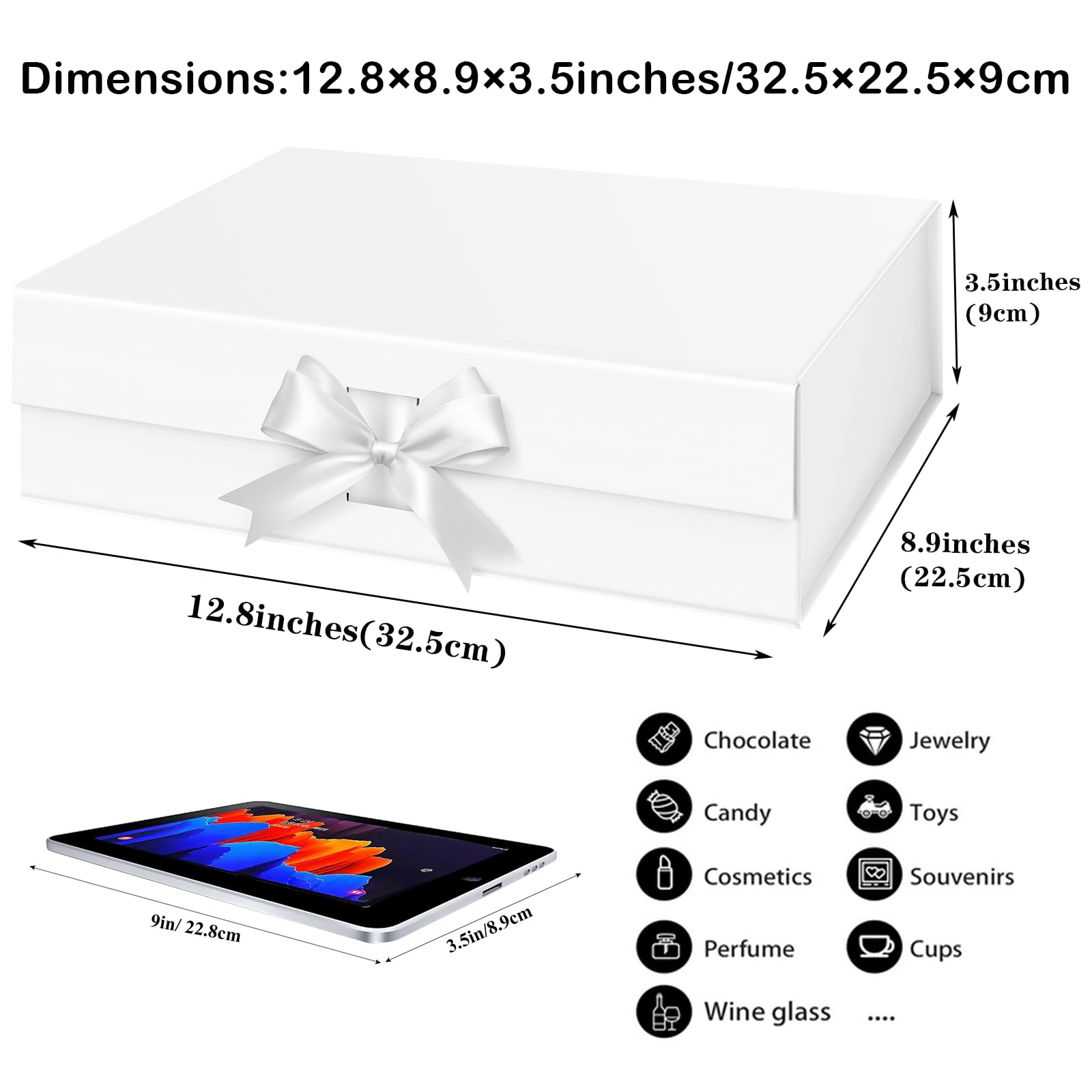 Dimensions: 12.8x8.9x3.5 inches / 32.5x22.5x9 cm

- 12.8 inches (32.5 cm)
- 8.9 inches (22.5 cm)
- 3.5 inches (9 cm)

Chocolate, Jewelry, Candy, Toys, Cosmetics, Perfume, Souvenirs, Cups, Wine glass, ...