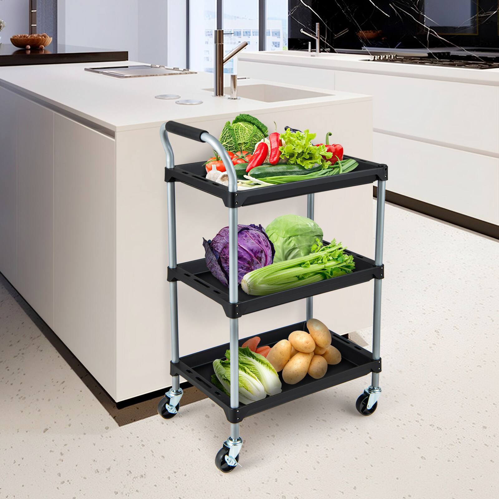 Alt View 1. Ecooso - 3 Layer Tool Cart with PP Shelves Sponged Handle and Swivel Wheel - Black.