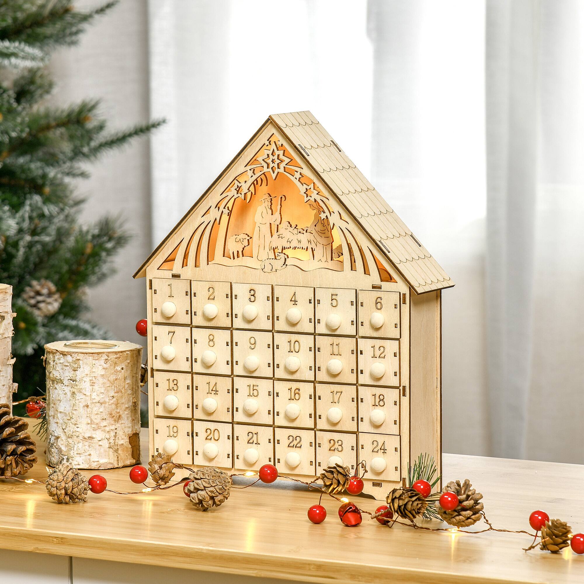 Alt View 1. Homcom - Christmas Advent Calendar, Light Up Manger Scene Tabletop Xmas Wooden House Holiday Decoration with Countdown Drawer - Brown.