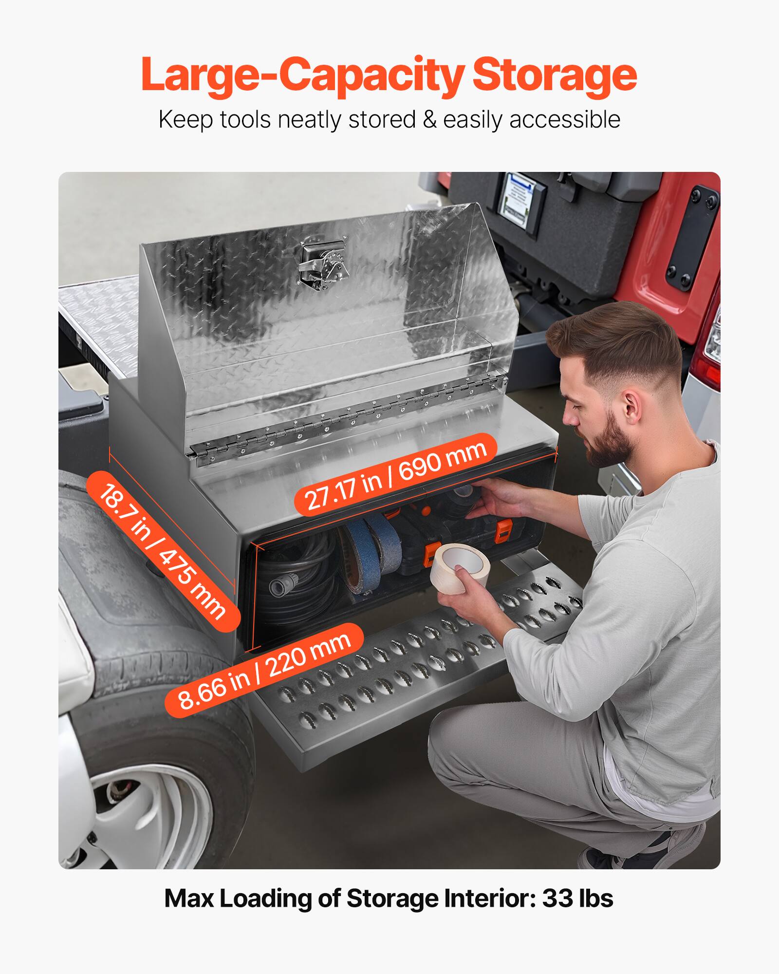 Large-Capacity Storage  
Keep tools neatly stored & easily accessible  

- 18.7 in / 475 mm  
- 27.17 in / 690 mm  
- 8.66 in / 220 mm  

Max Loading of Storage Interior: 33 lbs