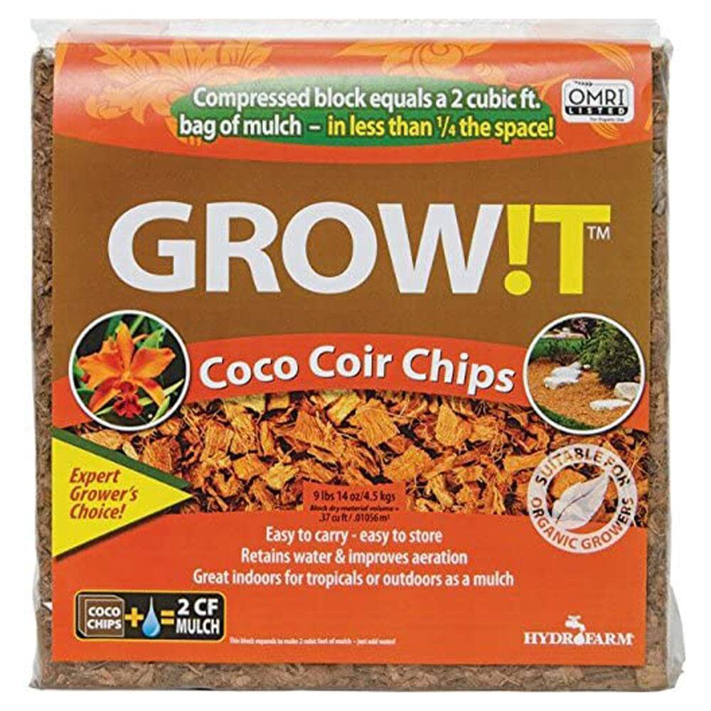 Compressed block equals a 2 cubic ft. bag of mulch - in less than 1/4 the space!  
GROW!T™ Coco Coir Chips  
Expert Grower's Choice!  
9 lbs 14 oz / 4.5 kgs  
Easy to carry - easy to store  
Retains water & improves aeration  
Great indoors for tropicals or outdoors as a mulch  
Coco Chips + Water = 2 CF MULCH  
SUITABLE FOR ORGANIC GROWERS  
HYDROFARM