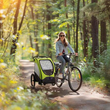 Front. Resenkos - 3-in-1 Kids Bike Trailer Stroller, Foldable, Shock Absorption, Rubber Tires, Adjustable Handlebar, Green.