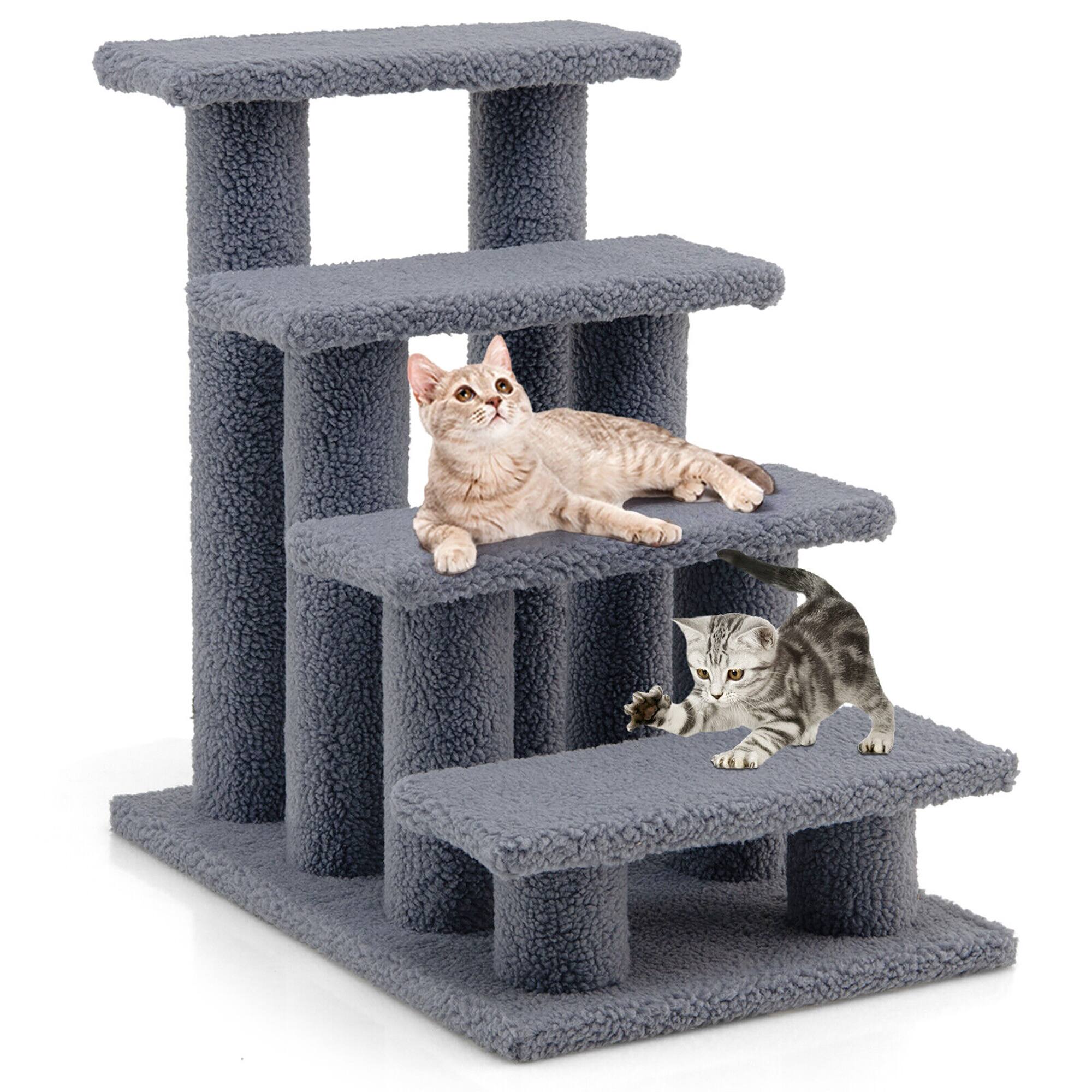 Front. Gymax - Gymax 24'' 4-Step Pet Stairs Carpeted Ladder Ramp 8 Scratching Post Cat Tree Climber - GYM09862.