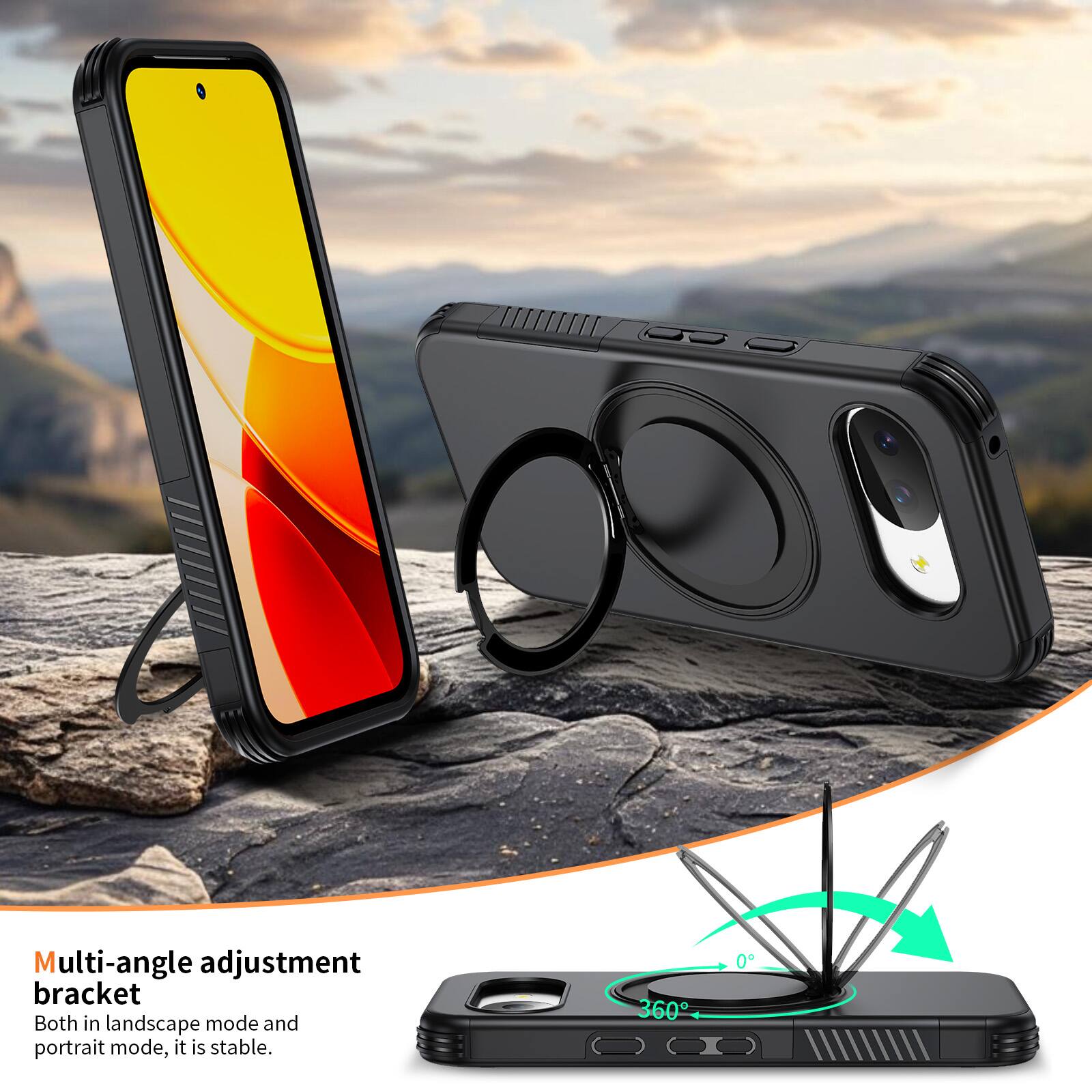 Multi-angle adjustment bracket  
Both in landscape mode and portrait mode, it is stable.  
360°