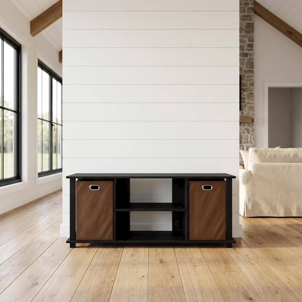 Angle. FurniFact - Engineered Wood Entertainment Center with Storage Bins in Americano - Americano/Black/Medium Brown.