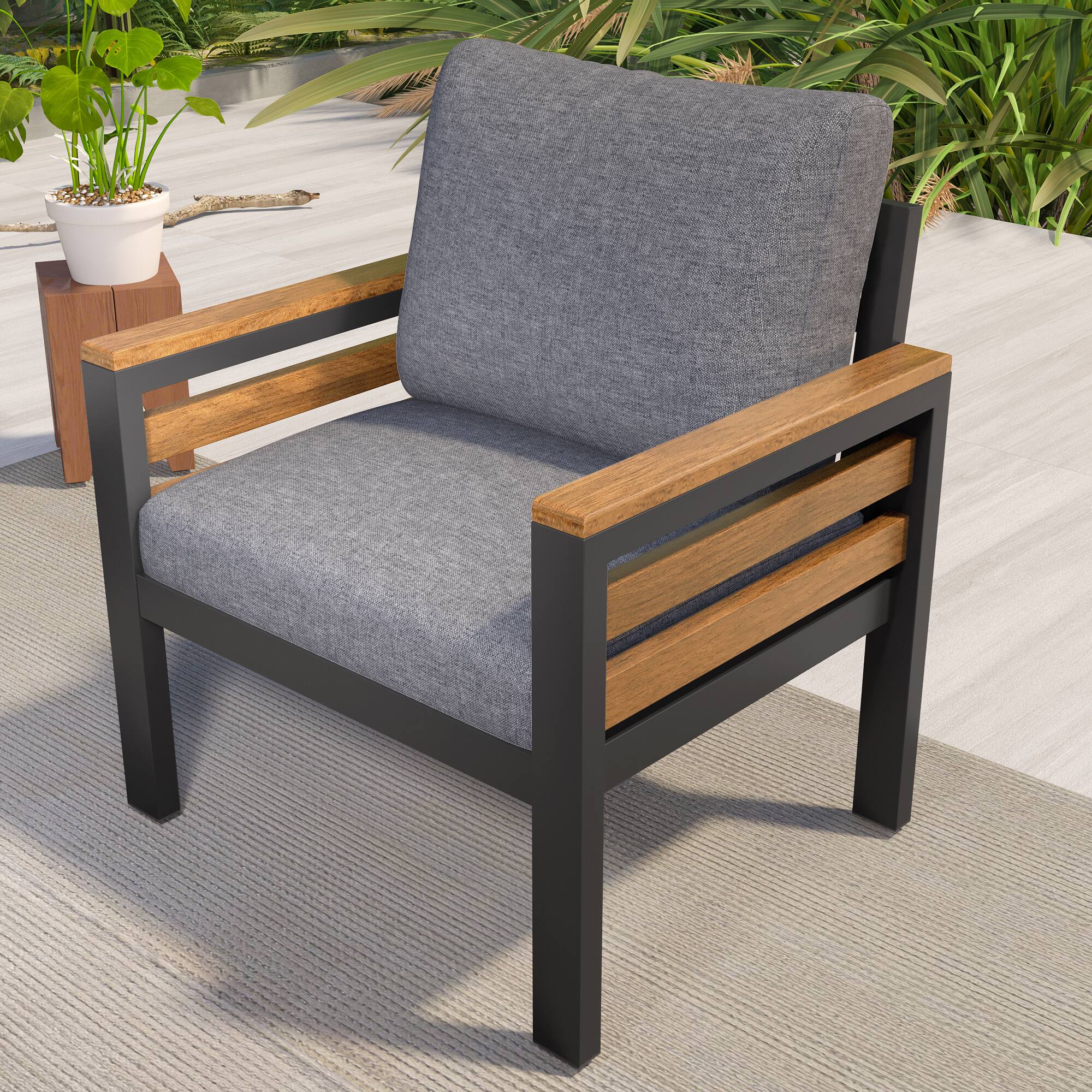Alt View 7. Whisen - 4-Piece Outdoor Patio Furniture Set, 5-Seater Conversation Set with Acacia Wood Armrests and Coffee Table - Gray.
