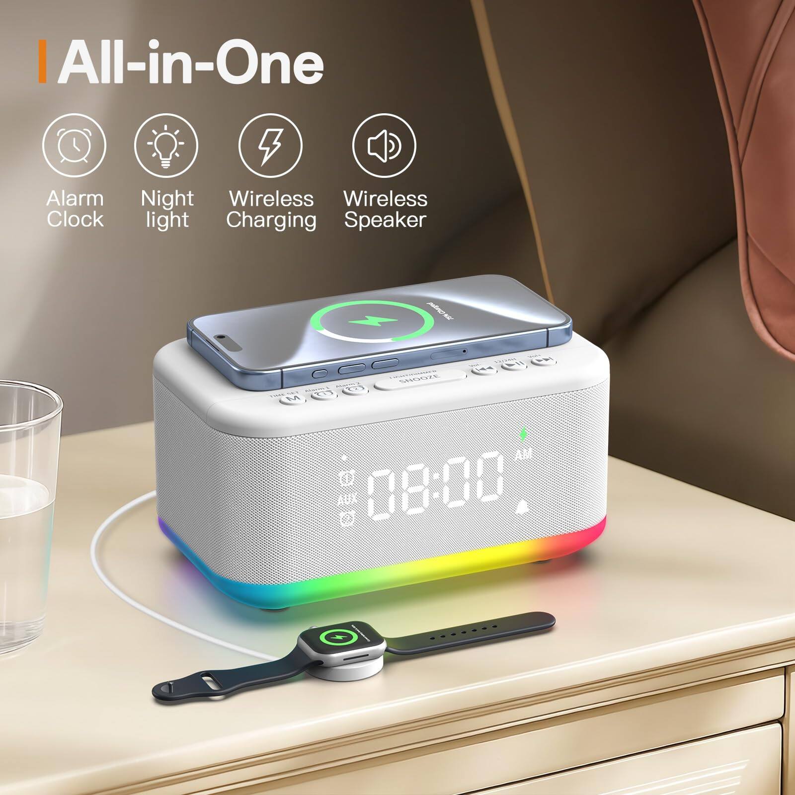 All-in-One

- Alarm Clock
- Night Light
- Wireless Charging
- Wireless Speaker

08:00 AM