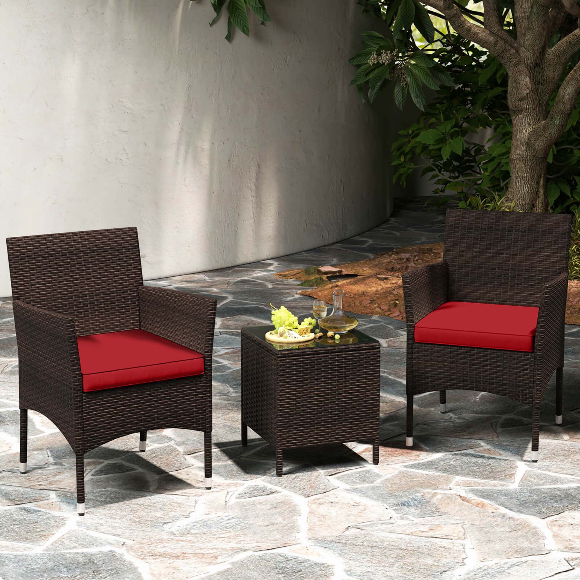 Alt View 1. Costway - 3 PCS Outdoor Conversation Set with Cushioned Seat & Tempered Glass Tabletop - Red,Mix Brown.