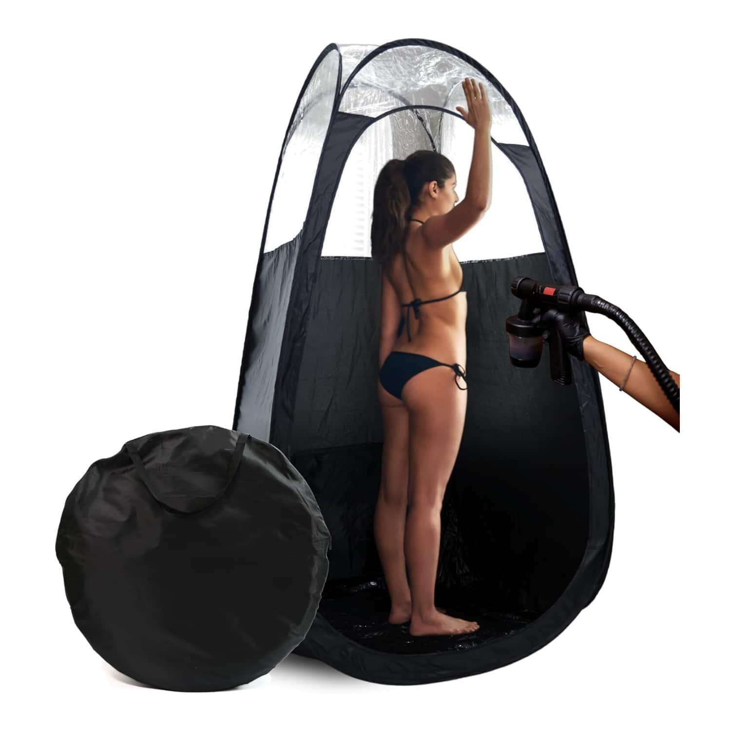 Focus Electronics - Large Pop-Up Spray Tan Tent with Clear Panel and Fan Opening - Black