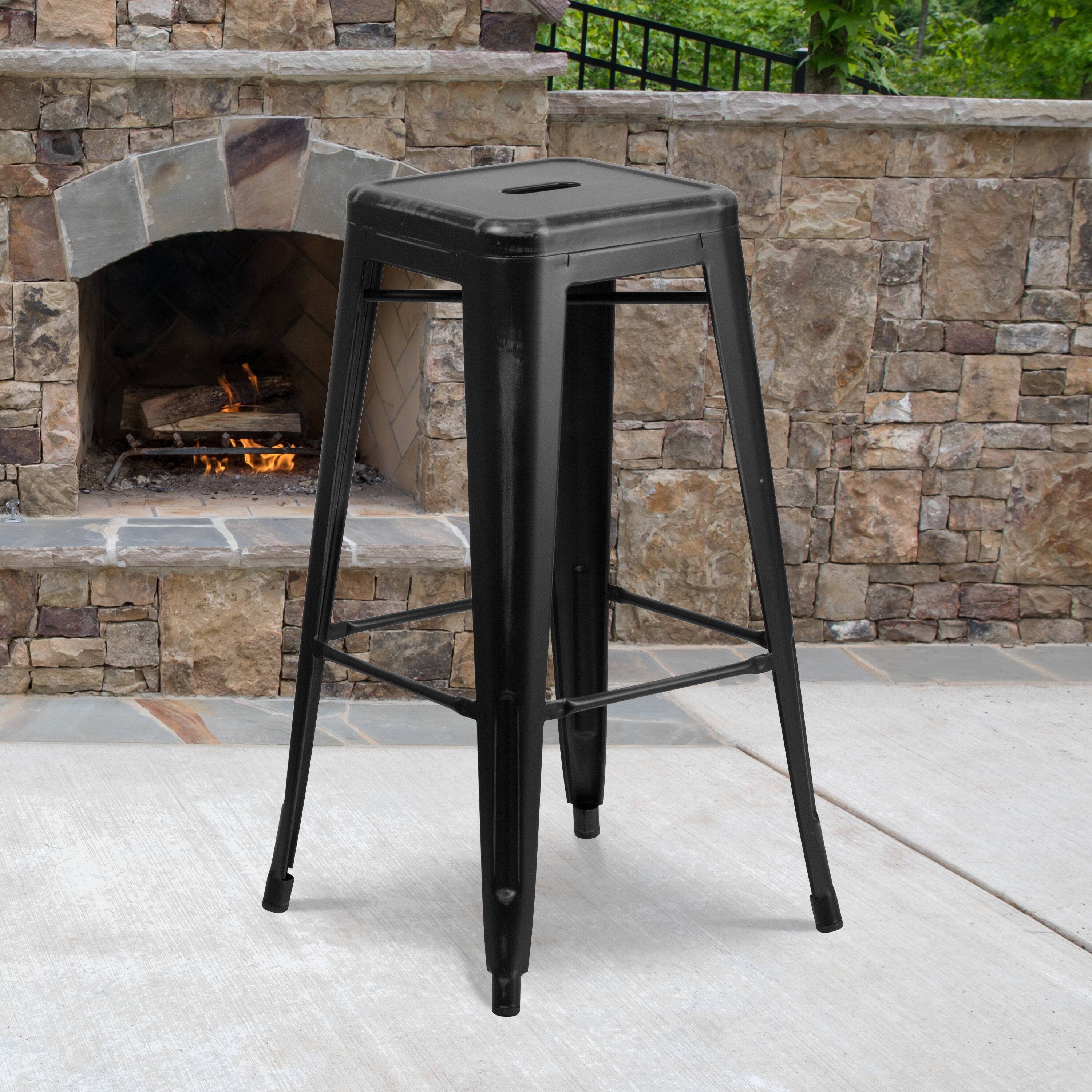 Alt View 2. Emma + Oliver - Commercial Grade 4 Pack 30" High Backless Distressed Metal Indoor-Outdoor Barstool - Black.