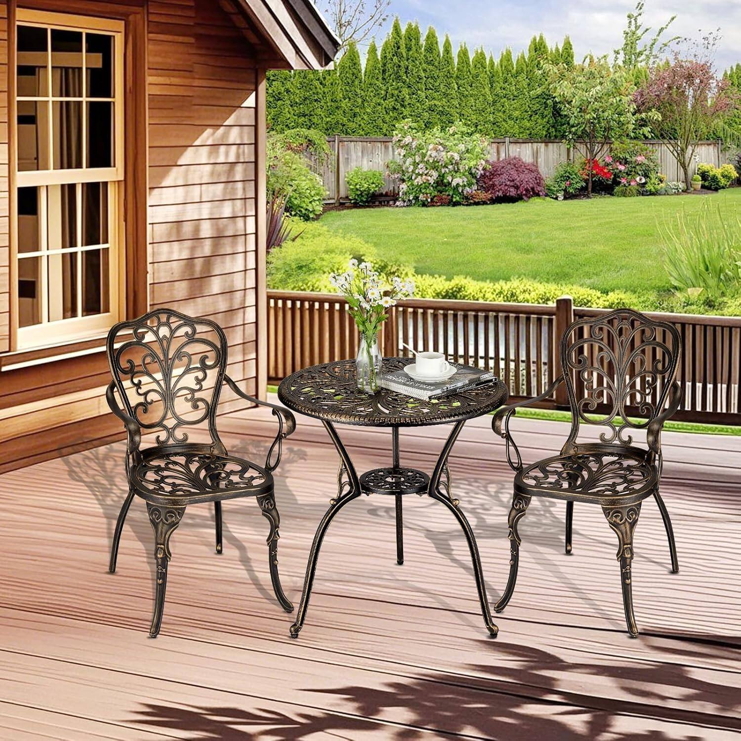 Left. Homhougo - 3 Piece Outdoor Bistro Set, Cast Aluminum Patio Table and Chairs Set of 2 with Umbrella Hole - Brown.