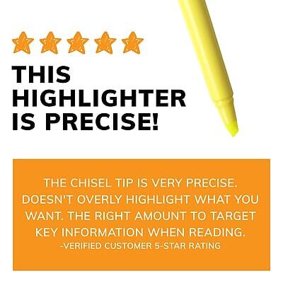 **THIS HIGHLIGHTER IS PRECISE!**

**THE CHISEL TIP IS VERY PRECISE. DOESN'T OVERLY HIGHLIGHT WHAT YOU WANT. THE RIGHT AMOUNT TO TARGET KEY INFORMATION WHEN READING.**

-VERIFIED CUSTOMER 5-STAR RATING