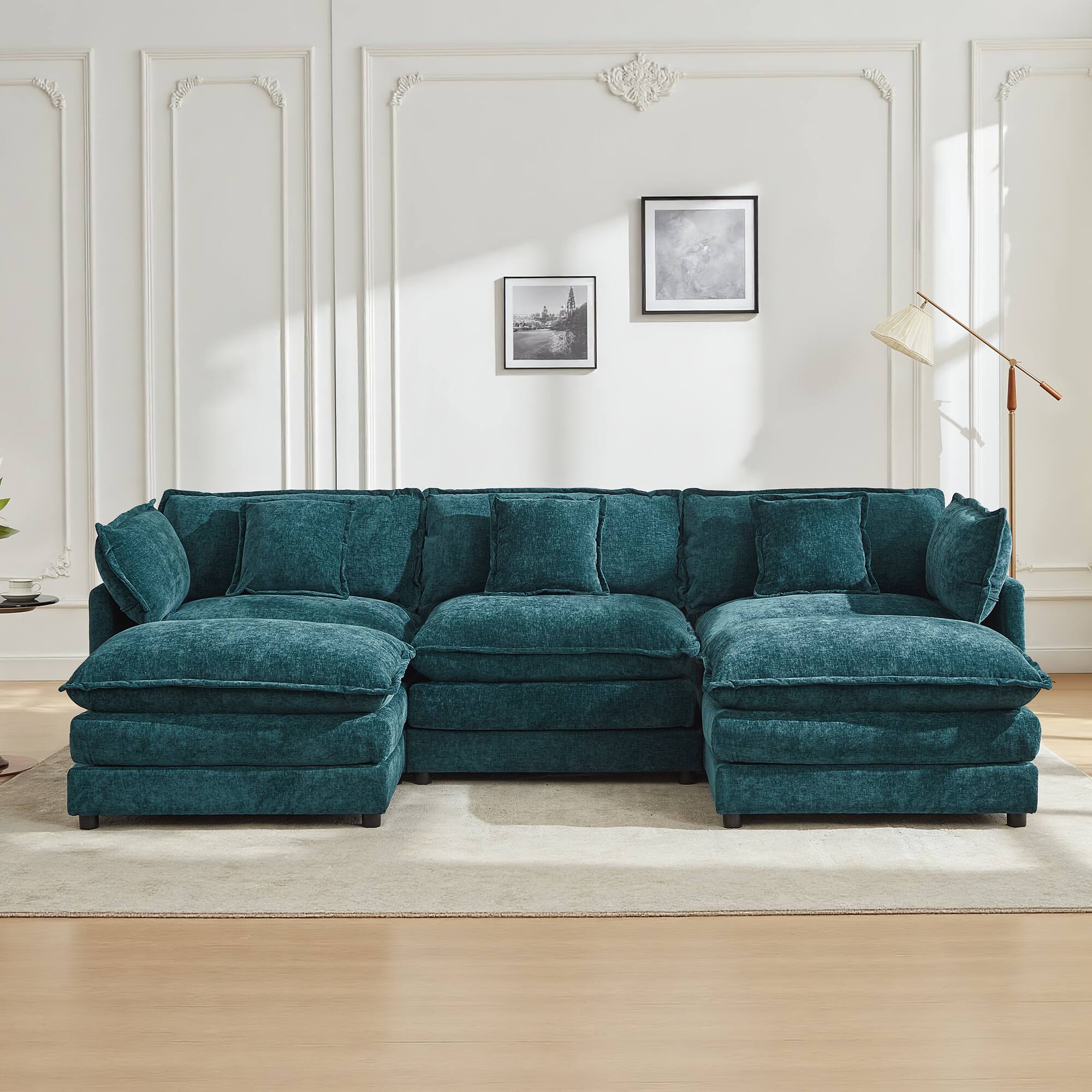 Alt View 2. KERDOM - Modular Sleeper Sofa Bed Chaise Longue Anti-Cat Scratch Chenille Cloth, 3 Seat Convertible Sectional L Shaped Sofa Couch - Green + 2 Ottomans.