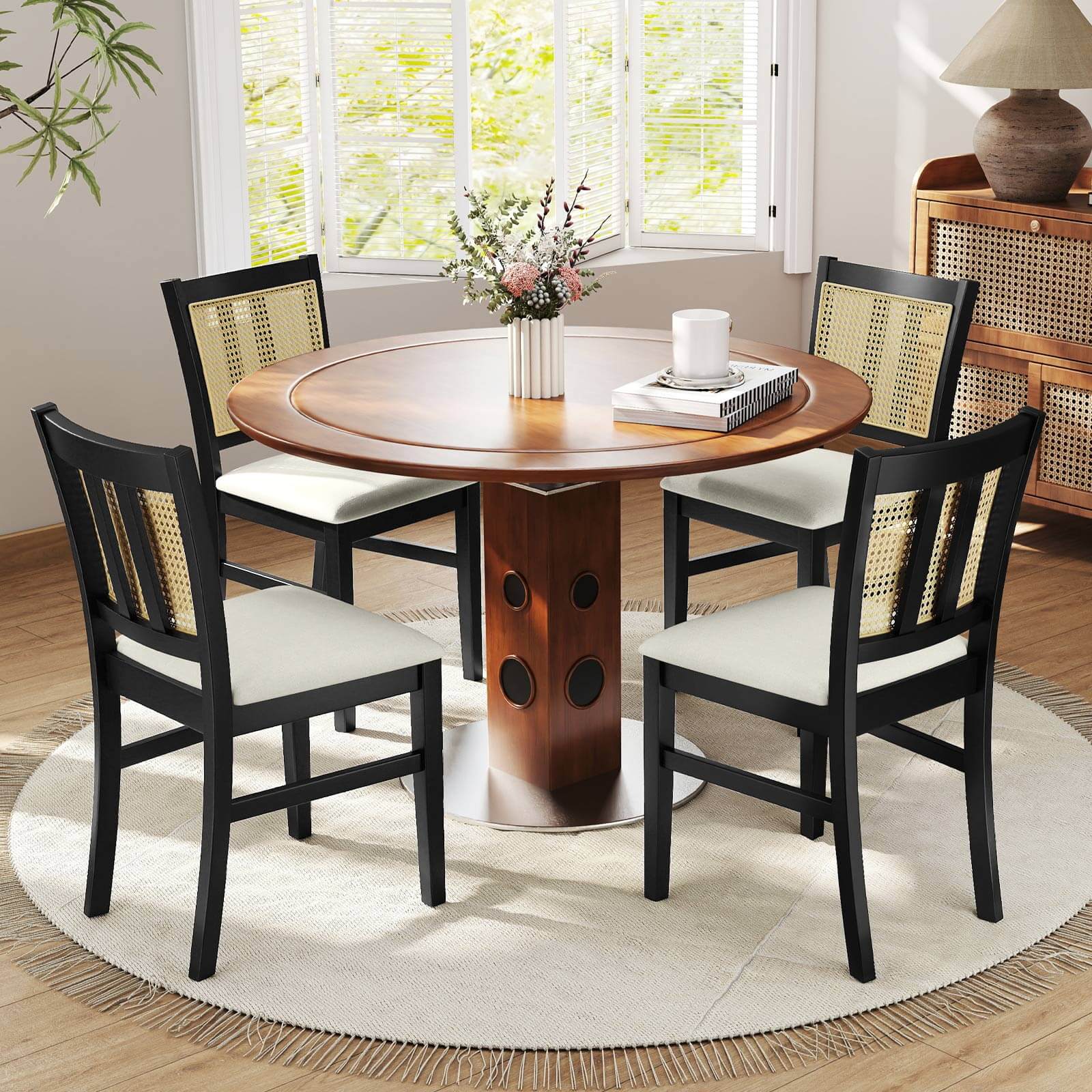 Alt View 4. Costway - Costway Farmhouse Rattan Dining Chair Set of 4 Fabric Upholstered Kitchen Chairs - Black,White.