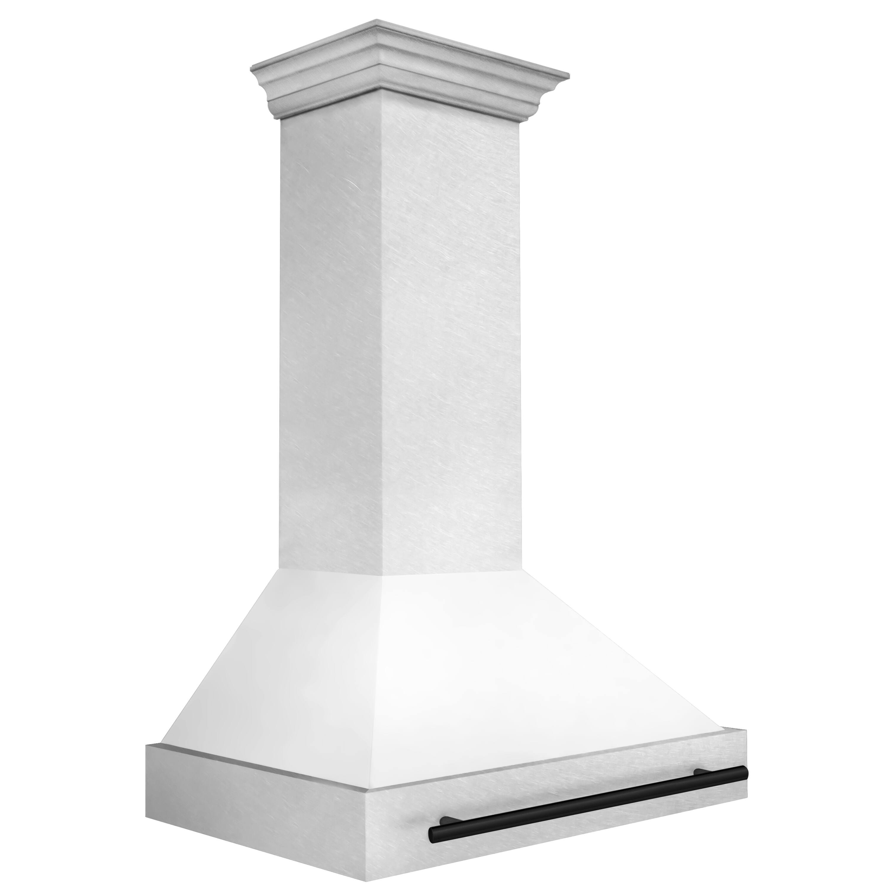 Angle. ZLINE - ZLINE Autograph Edition 36 in. Satin Stainless Steel Wall Mount Range Hood with White Matte Shell and Matte Black Handle - Satin Stainless Steel with White Matte Shell.