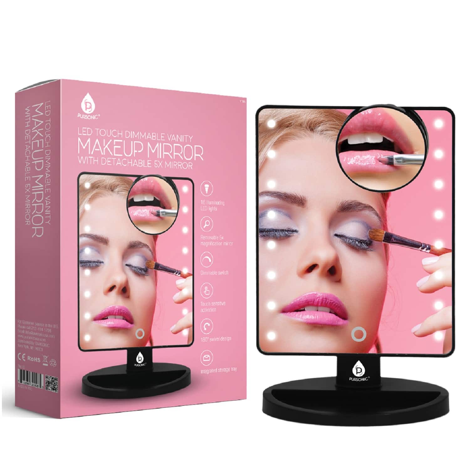LED TOUCH DIMMABLE VANITY MAKEUP MIRROR WITH DETACHABLE 5X MIRROR
LED TOUCH DIMMABLE VANITY MAKEUP MIRROR WITH DETACHABLE 5X MIRROR
16 LED lights
Removable magnification mirror
Dinnable switch
Touch sensitive activation
190° swivel design
Integrated storage tray
PURSONIC
CE RoHS
KY D UA 80 te design enegannd strage