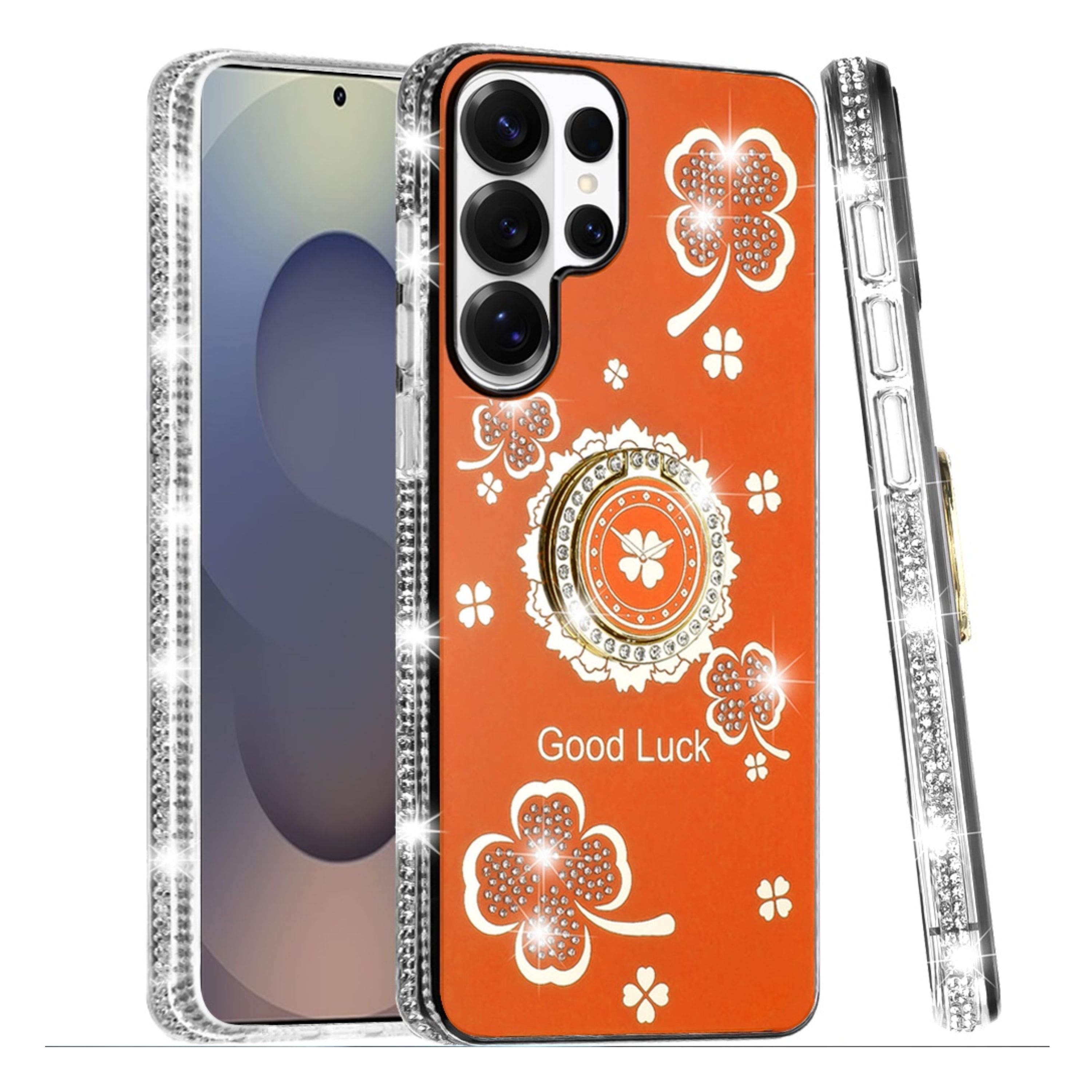 Kitcheniva - Crystal Studded Ring Stand Bling Design Phone Case With Tempered Glass For Samsung Galaxy S25 Ultra - Cosmic Orange price history on PriceWatchPro