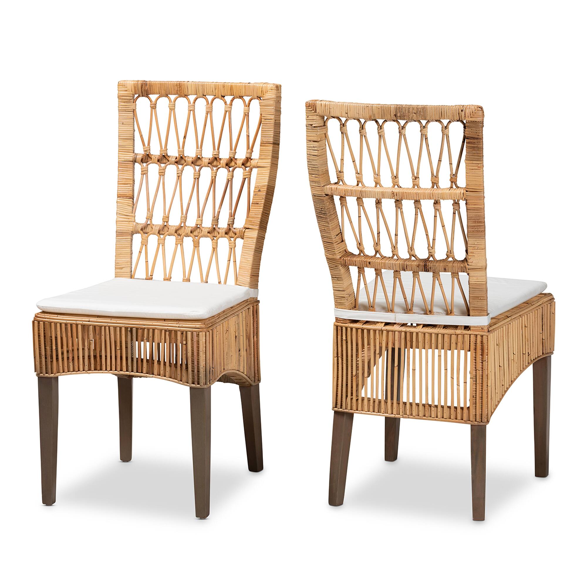 Front. bali & pari - Sullivan Modern Bohemian Rattan 2-Piece Dining Chair Set - White/Natural Brown.