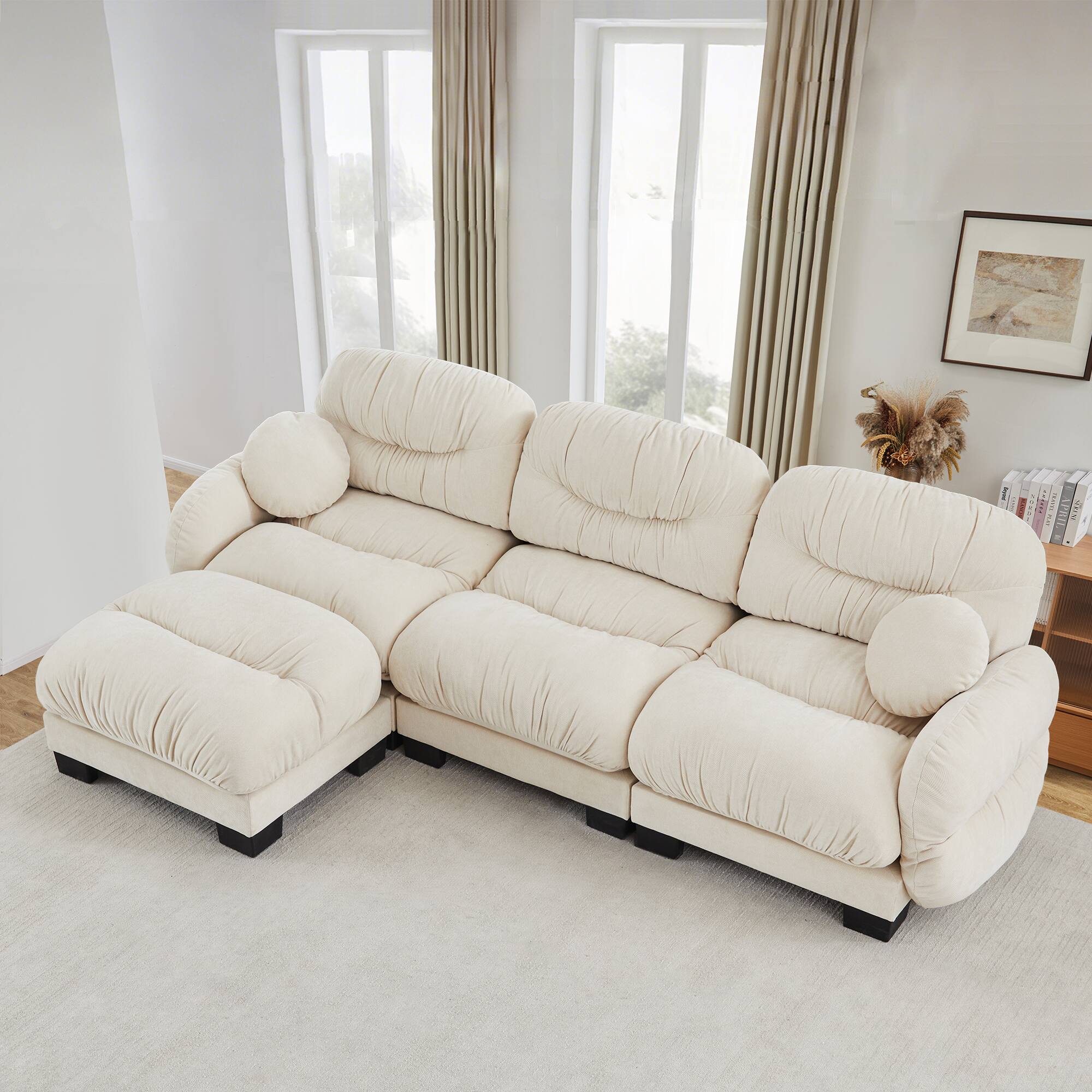 Left. Anysun - 3 Seater L Shape Sectional Couch with Ottoman, Chenille Fabric, High-Density Foam & Curved Armrests for Living Room - Beige.