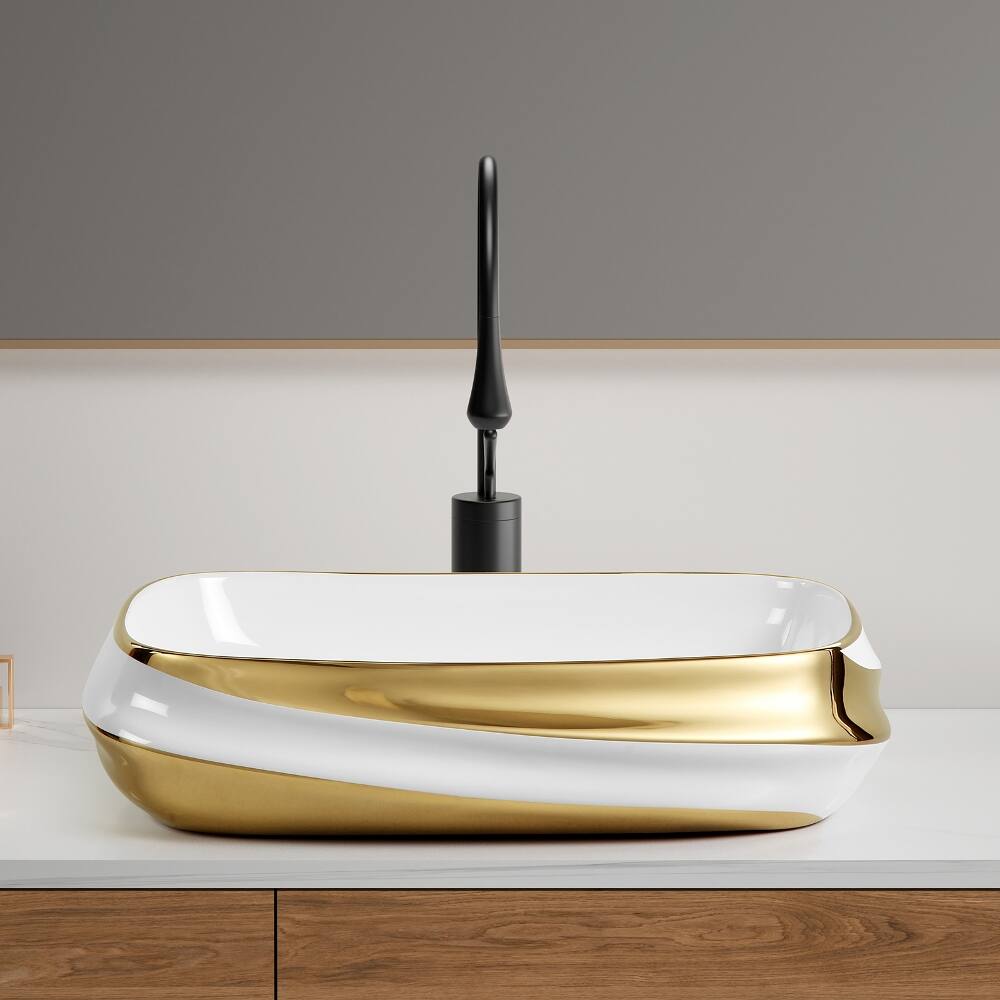 Left. Loheer - Loheer 24x17 bathroom vessel sink Above Counter Ceramic Washbasin White with Gold Rim - Gold+White,Milk White.