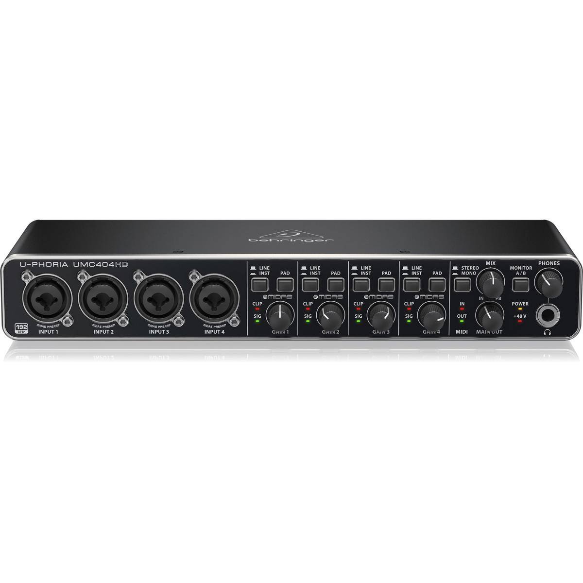 U-PHORIA UMC404HD

LINE INST PAD LINE INST PAD LINE INST PAD LINE

STEREO MIX MONITOR A/B PHONES

INPUT 1 INPUT 2 INPUT 3 INPUT 4

CLIP CLIP CLIP CLIP

SIG SIG SIG SIG

GAIN 1 GAIN 2 GAIN 3 GAIN 4

MIDI MAIN OUT

POWER +48V

192kHz

OMIDAS

OMIDAS

OMIDAS

OMIDAS