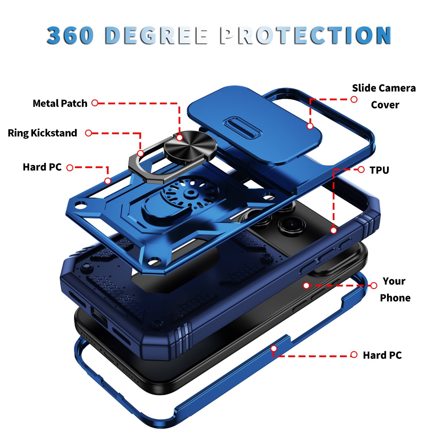 360 DEGREE PROTECTION

Metal Patch
Ring Kickstand
Hard PC
Slide Camera Cover
TPU
Your Phone
Hard PC