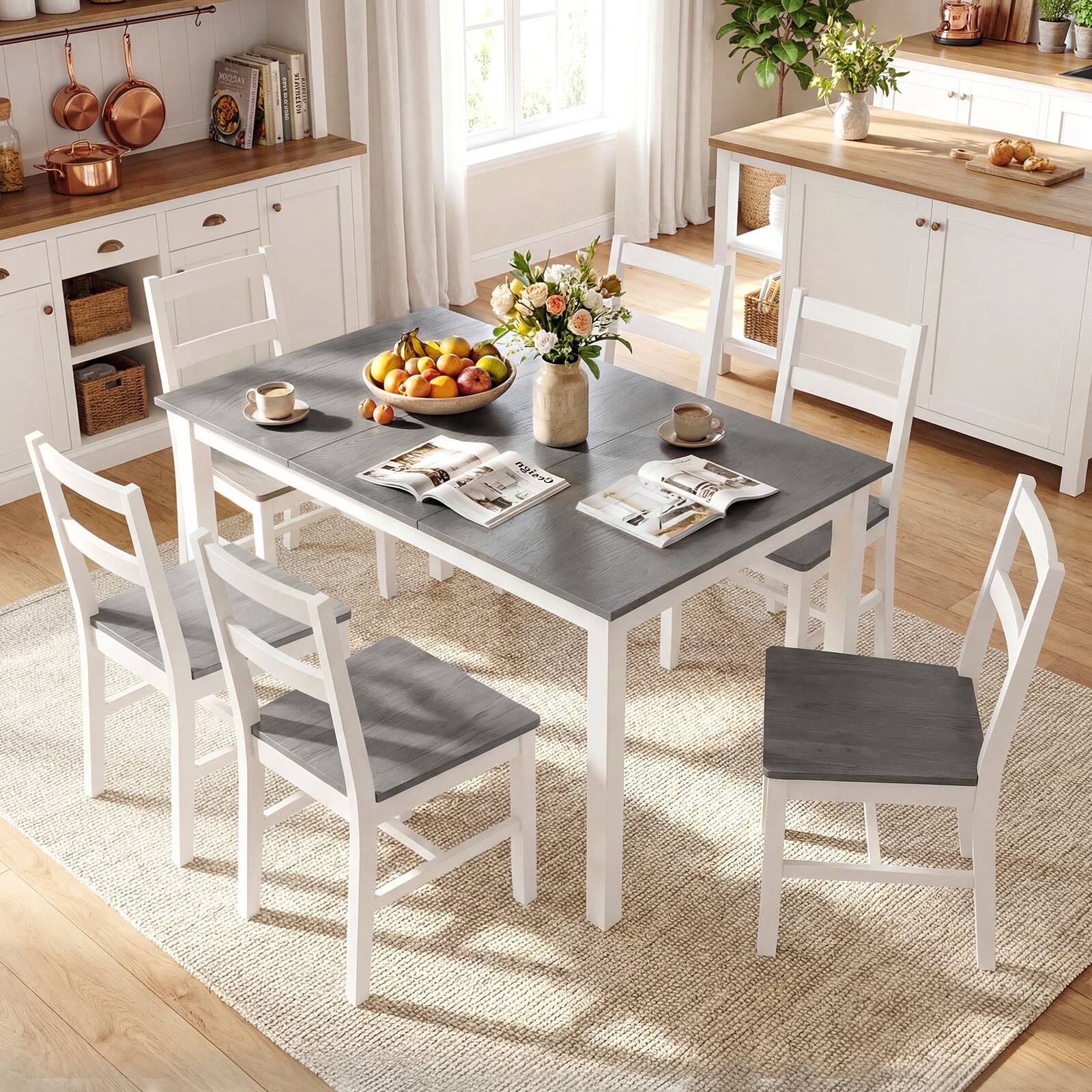 Alt View 5. Gymax - Gymax 60'' Rectangular Dinner Table w/Solid Rubber Wood Legs for Kitchen Dining Room Gray & White - Grey.