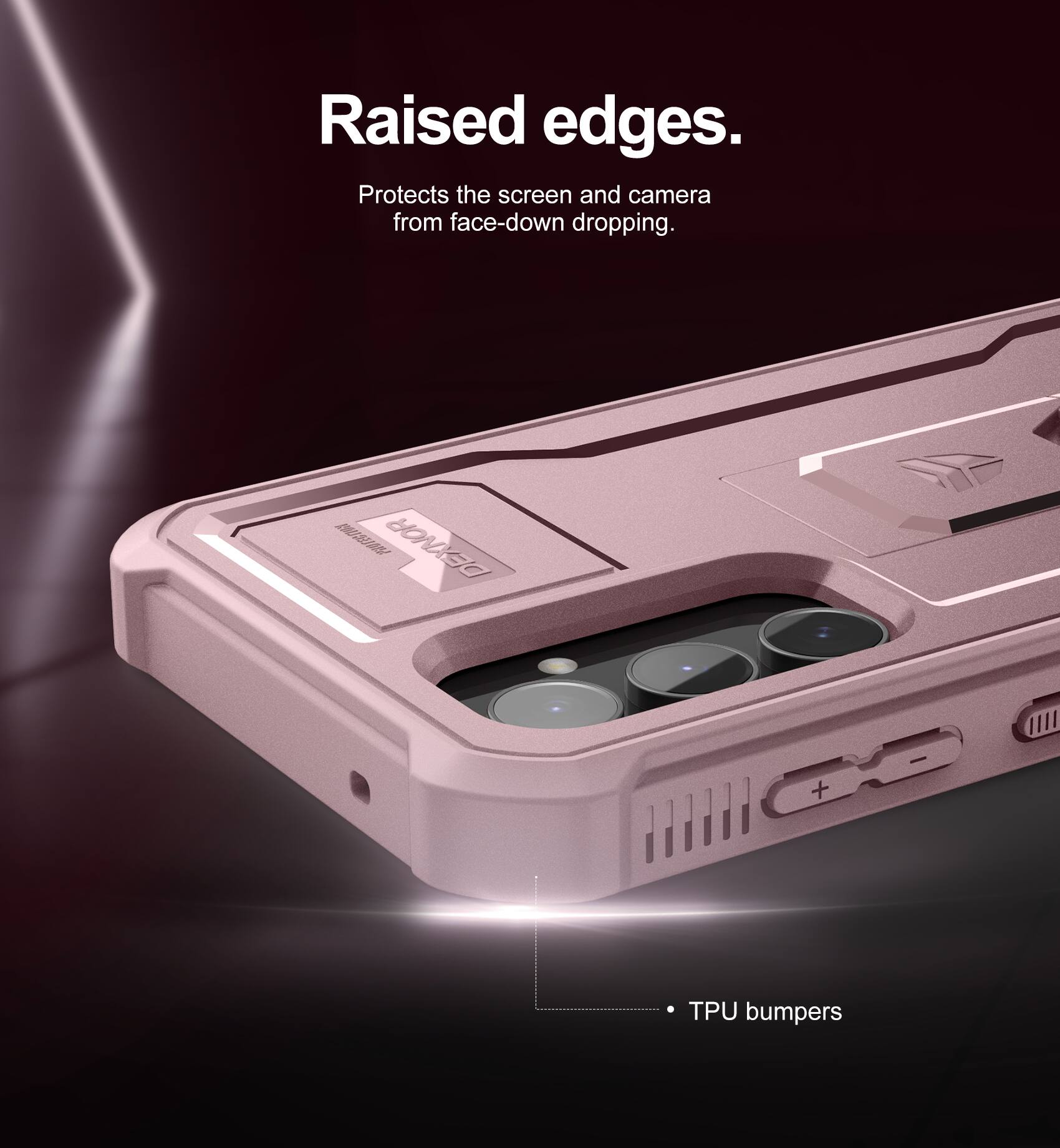 Raised edges.  
Protects the screen and camera from face-down dropping.  
DEXNOR + TPU bumpers