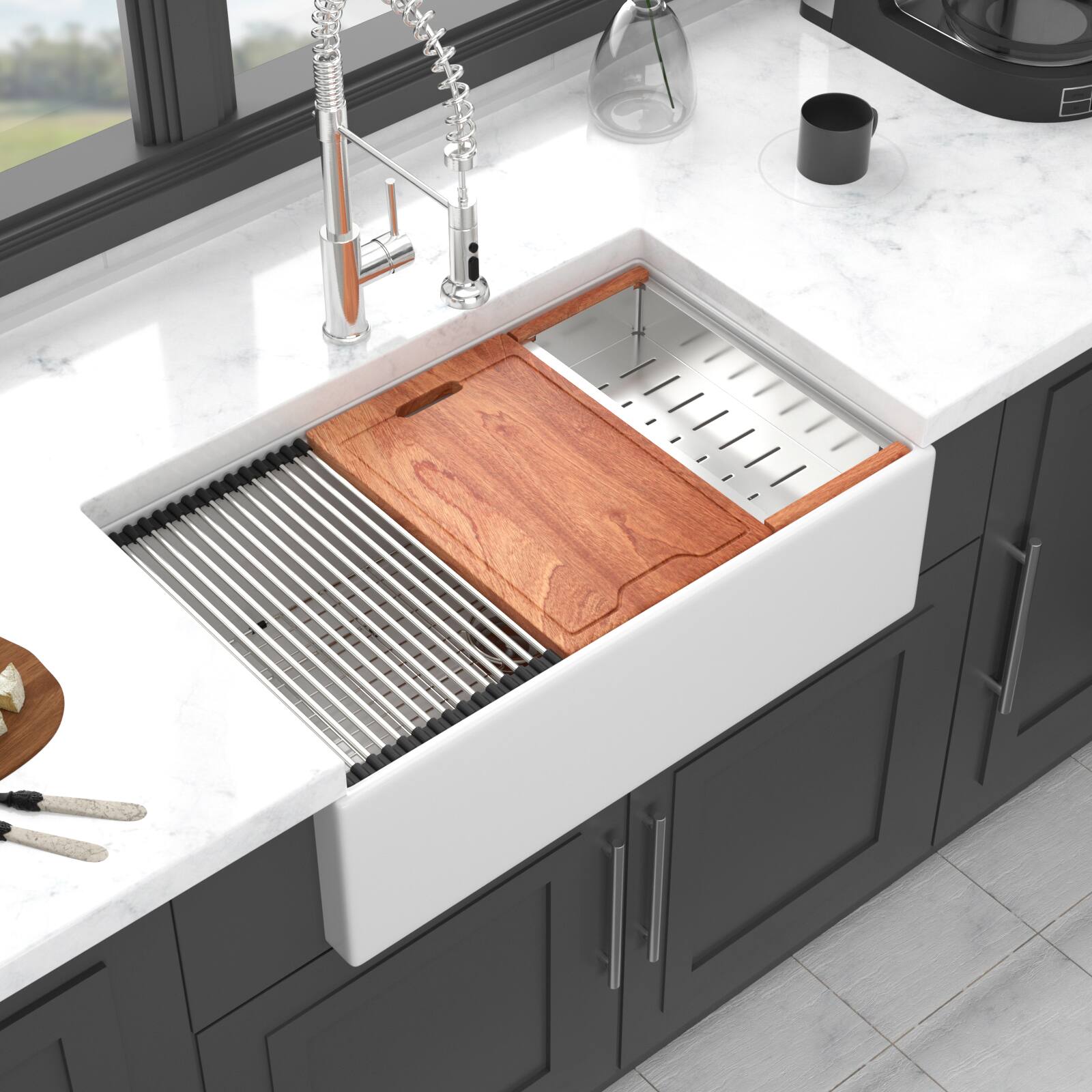 Front. Siljoy - 30 x 20 x 10 inch White Farmhouse Sink Workstation - Porcelain Ceramic Single Bowl Farm Kitchen Sink - White.