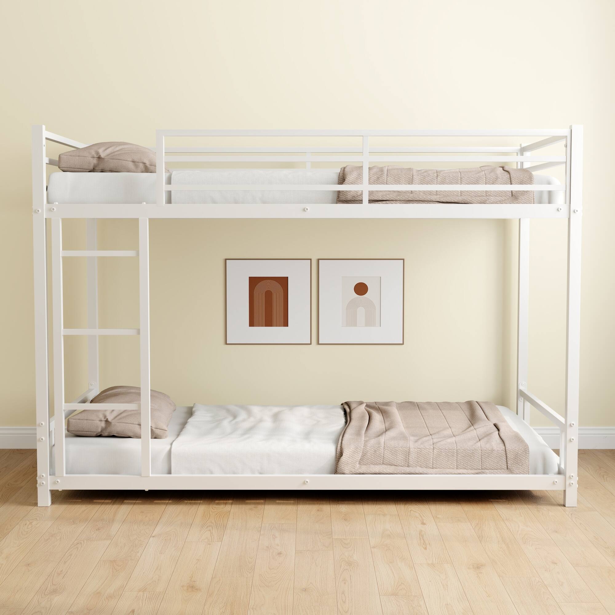 Angle. GOODSILO - Sturdy Twin over Twin Metal Bunk Bed with Safety Guardrail and Convertible Design for Space-Saving Bedroom Solutions - White.