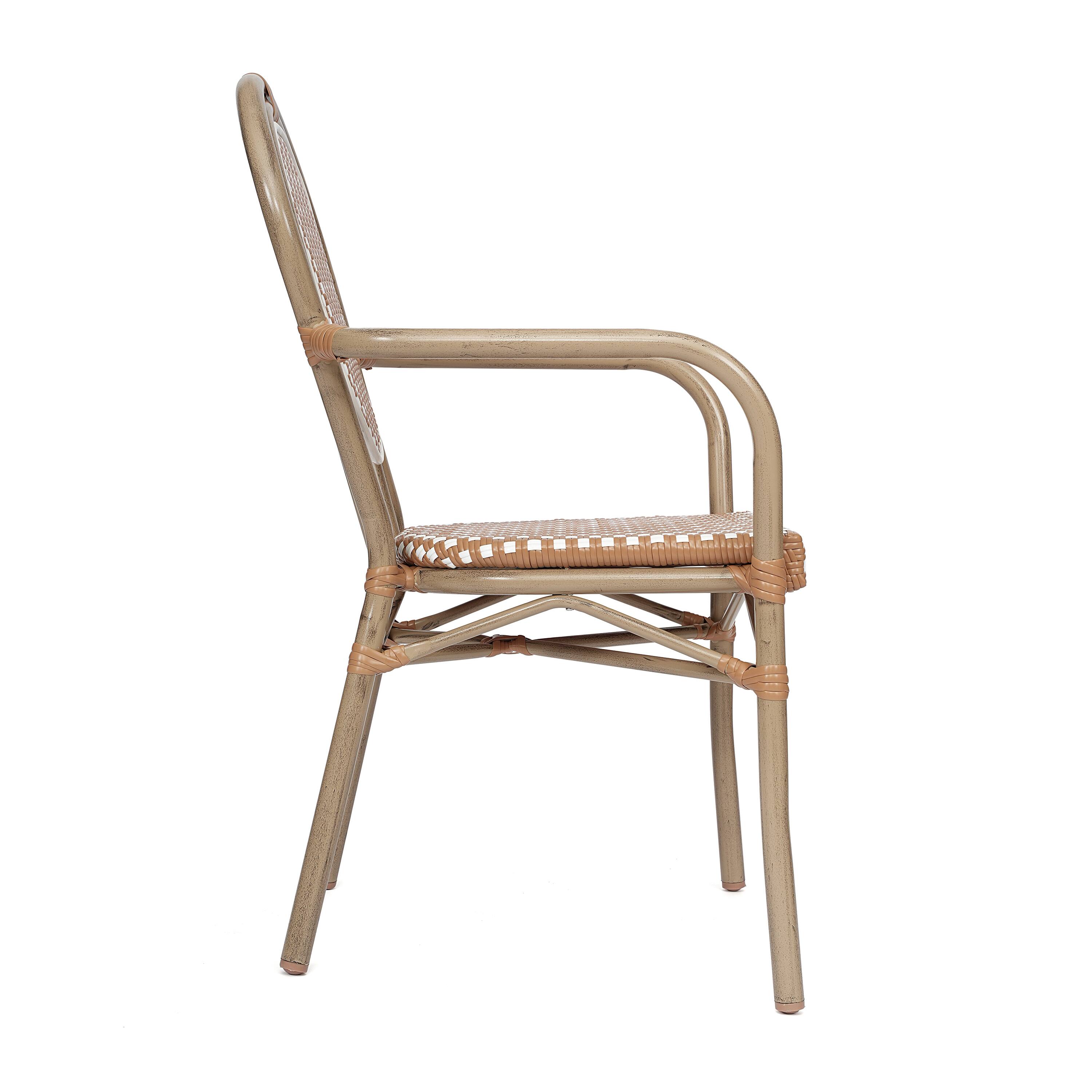 Alt View 7. Emma + Oliver - Colmar Indoor/Outdoor Stacking Thonet Bistro Style Chair with Arms, PE Rattan Seat and Finished Metal Frame - Natural & White/Light Natural Frame.
