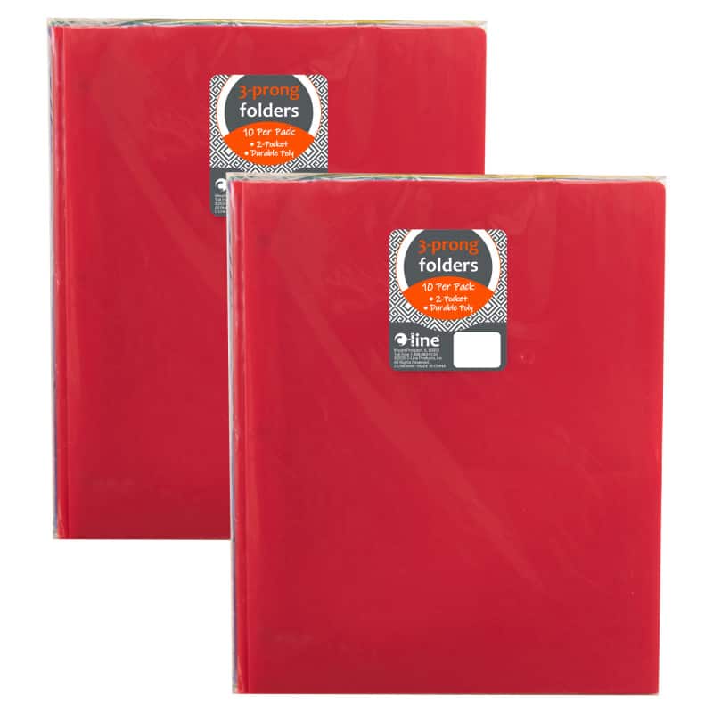 C-line - Two-Pocket Heavyweight Poly Portfolio Folder with Prongs, Assorted Primary Colors, 10 Per Pack, 2 Packs
