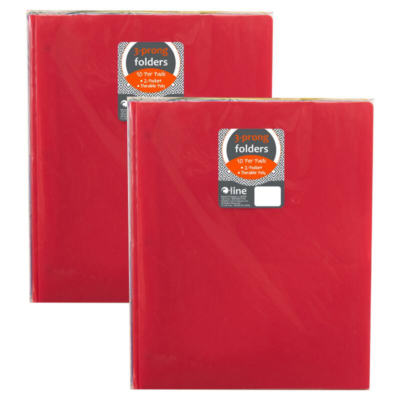 C-line - Two Pocket Heavyweight Poly Portfolio Folder with Prongs Assorted Primary Colors 10 Per Pack 2 Packs