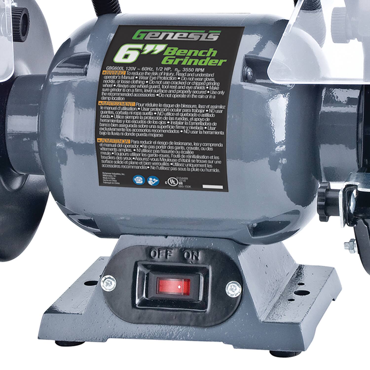 Genesis 6" Bench Grinder GBG600L 120V 60Hz, 1/2 HP, 3550 RPM CW

To reduce the risk of injury, read and understand the owner's manual. Wear eye protection and do not wear gloves. Do not use cracked or chipped grinding wheels. Always use the wheel guard and eye shields. Make sure the grinder is on a firm, level surface and properly secured. Use only recommended accessories. Do not operate the grinder in a damp location.

Pour réduire le risque de blessure, lisez et comprenez le manuel d'instructions. Utilisez une protection oculaire et ne portez pas de gants. Ne utilisez pas de meules fissurées ou ébréchées. Utilisez toujours la protection de la meule et les éclats de protection. Assurez-vous que le meuleur est bien installé sur une surface plane et nivelée. Utilisez uniquement les accessoires recommandés. Ne utilisez pas d'outils dans un endroit humide.