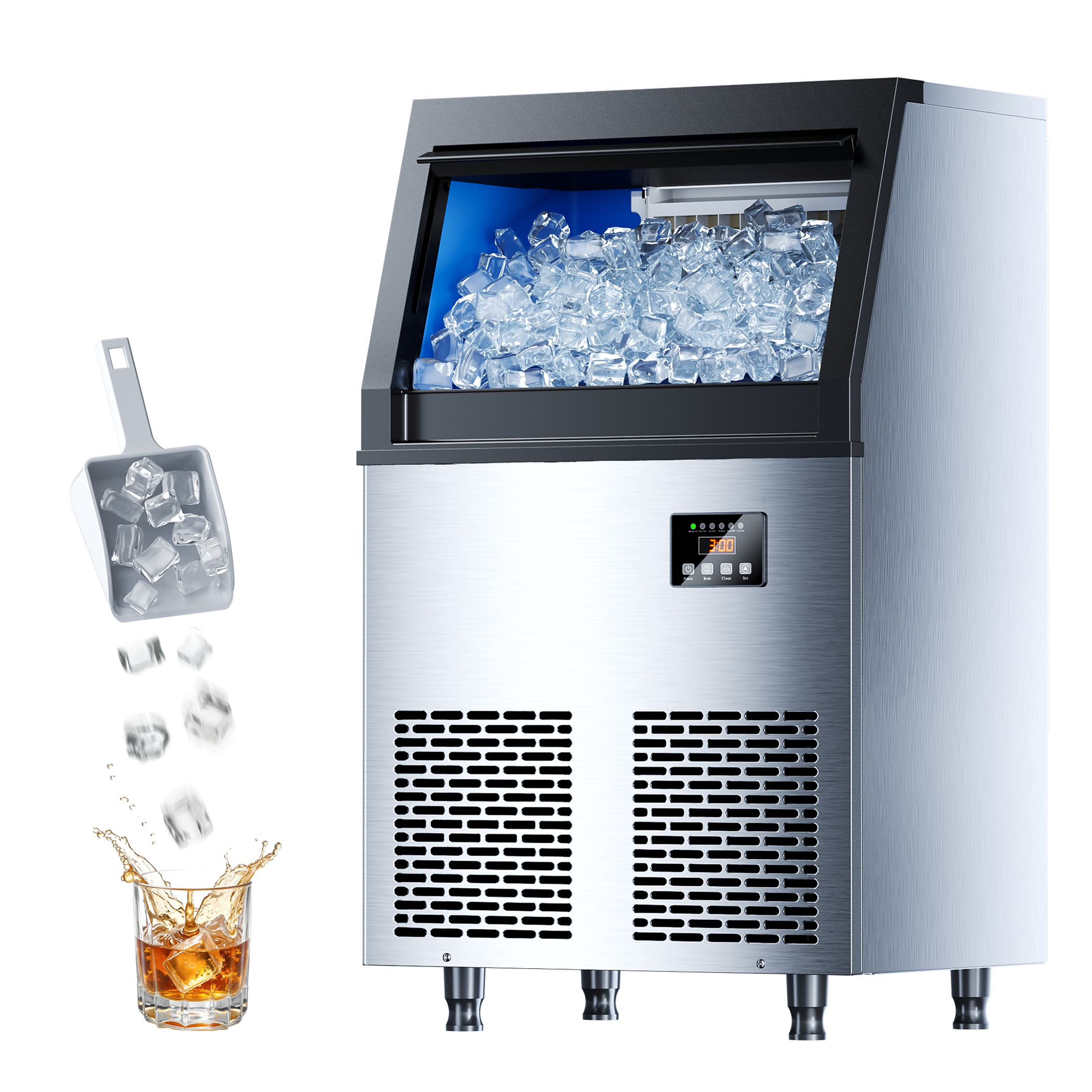 Coolski - Commercial Ice Maker Machine, 100lbs/24H Ice Machine, 35lbs Storage - Silver